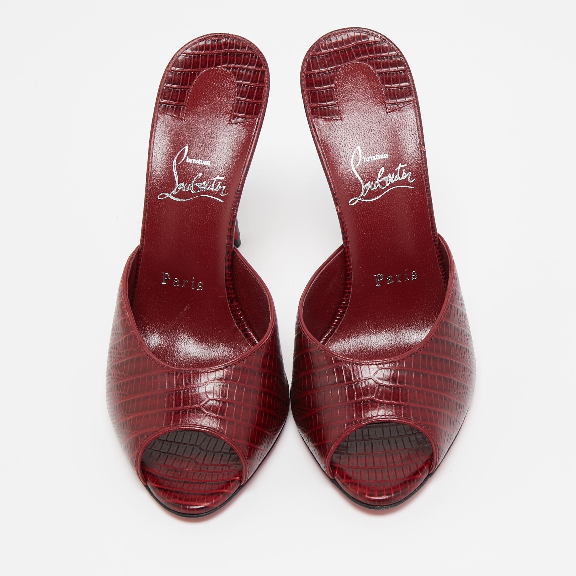 Christian Louboutin Burgundy Lizard Embossed Leather Me Dolly Slide Sandals Size 38.5