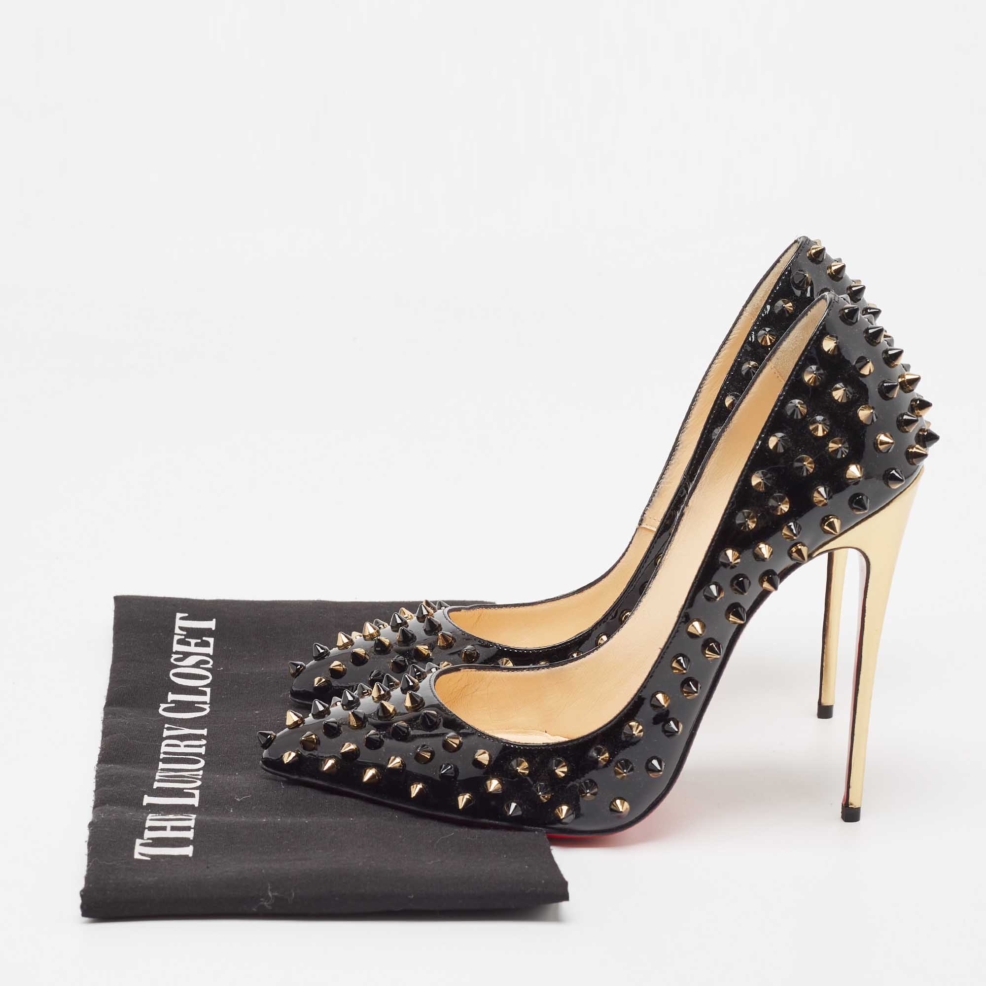 Christian Louboutin Black/Gold Patent Leather Pigalle Spikes Pumps Size 38.5