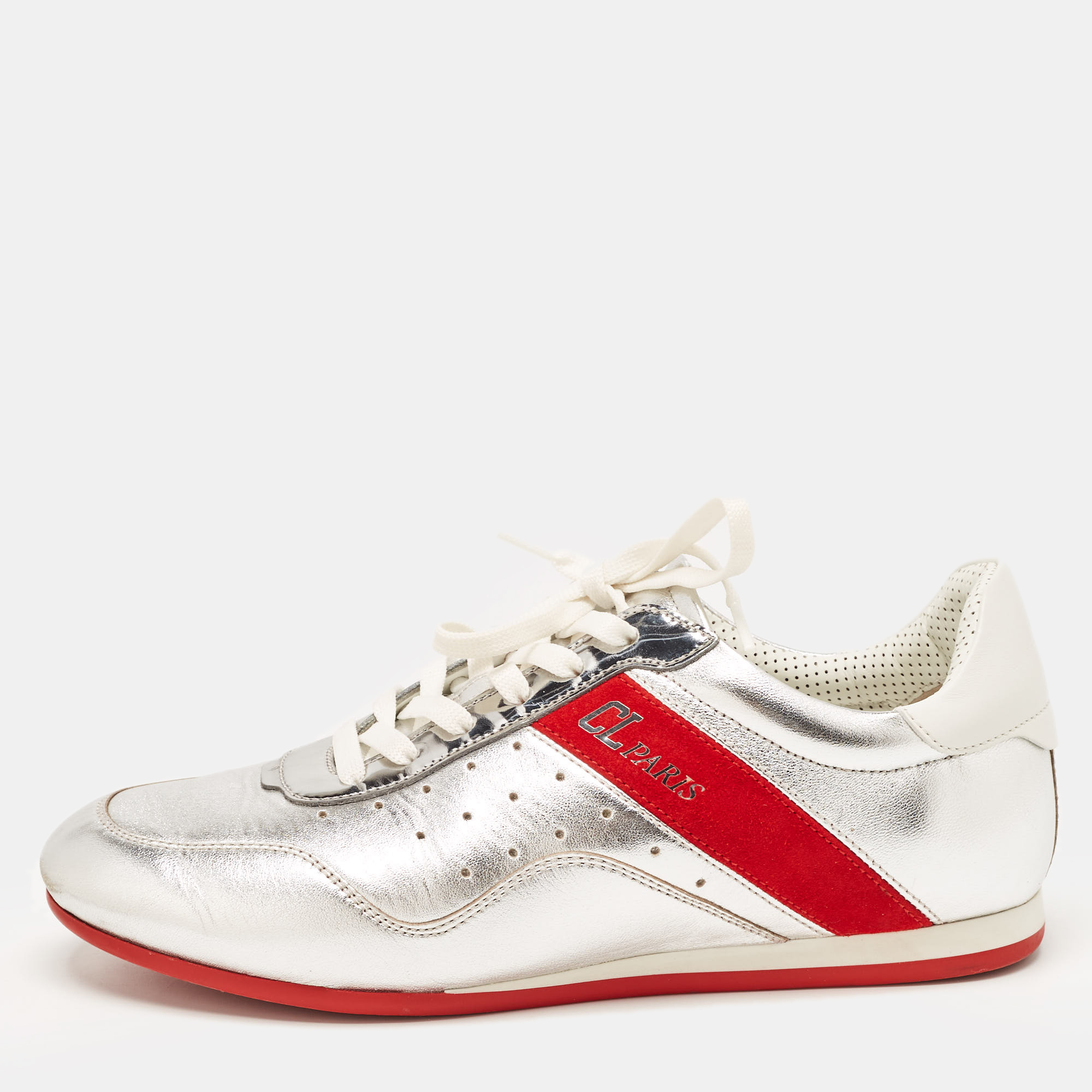 Christian Louboutin Silver/Red Leather And Suede My K Low Sneakers Size 36.5