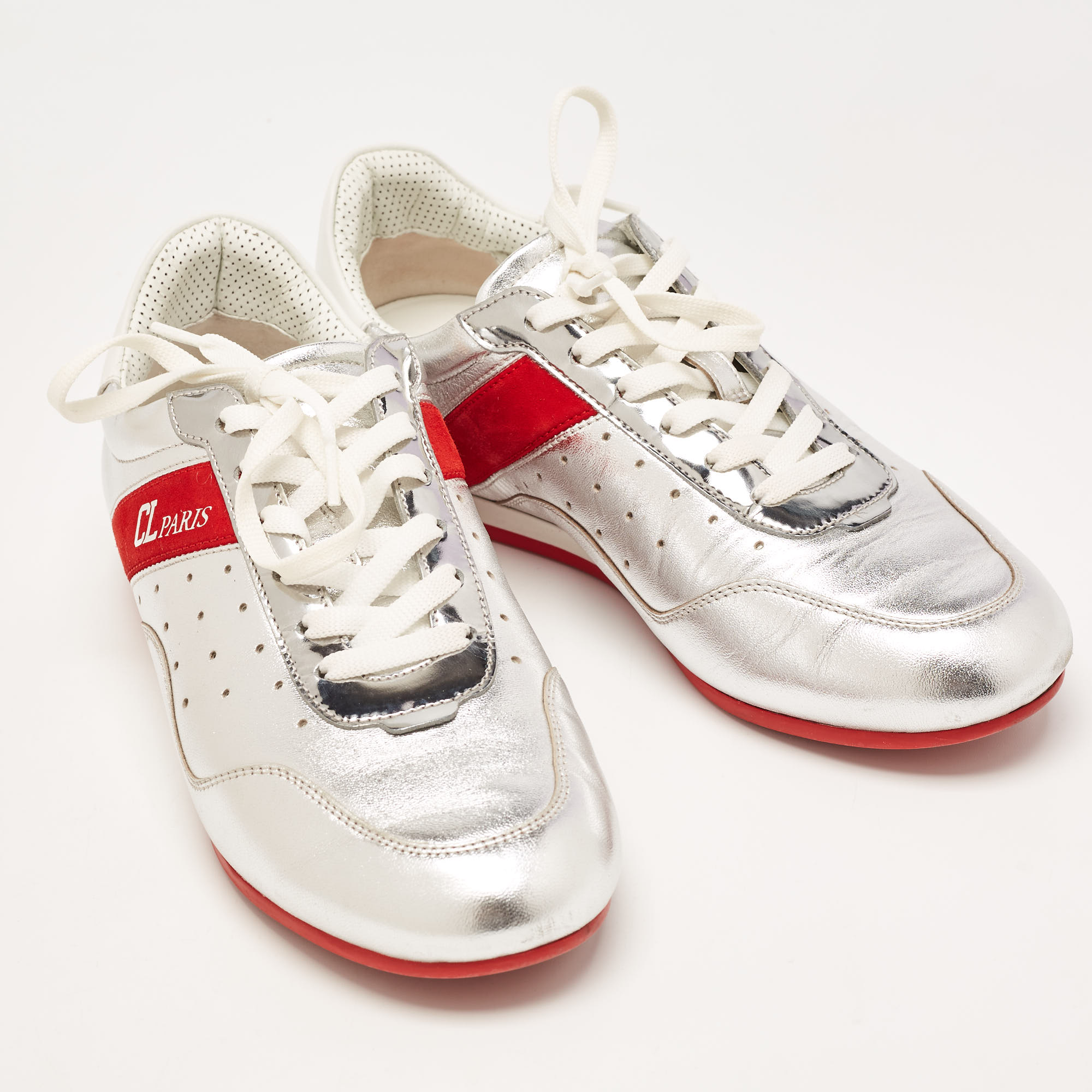 Christian Louboutin Silver/Red Leather And Suede My K Low Sneakers Size 36.5