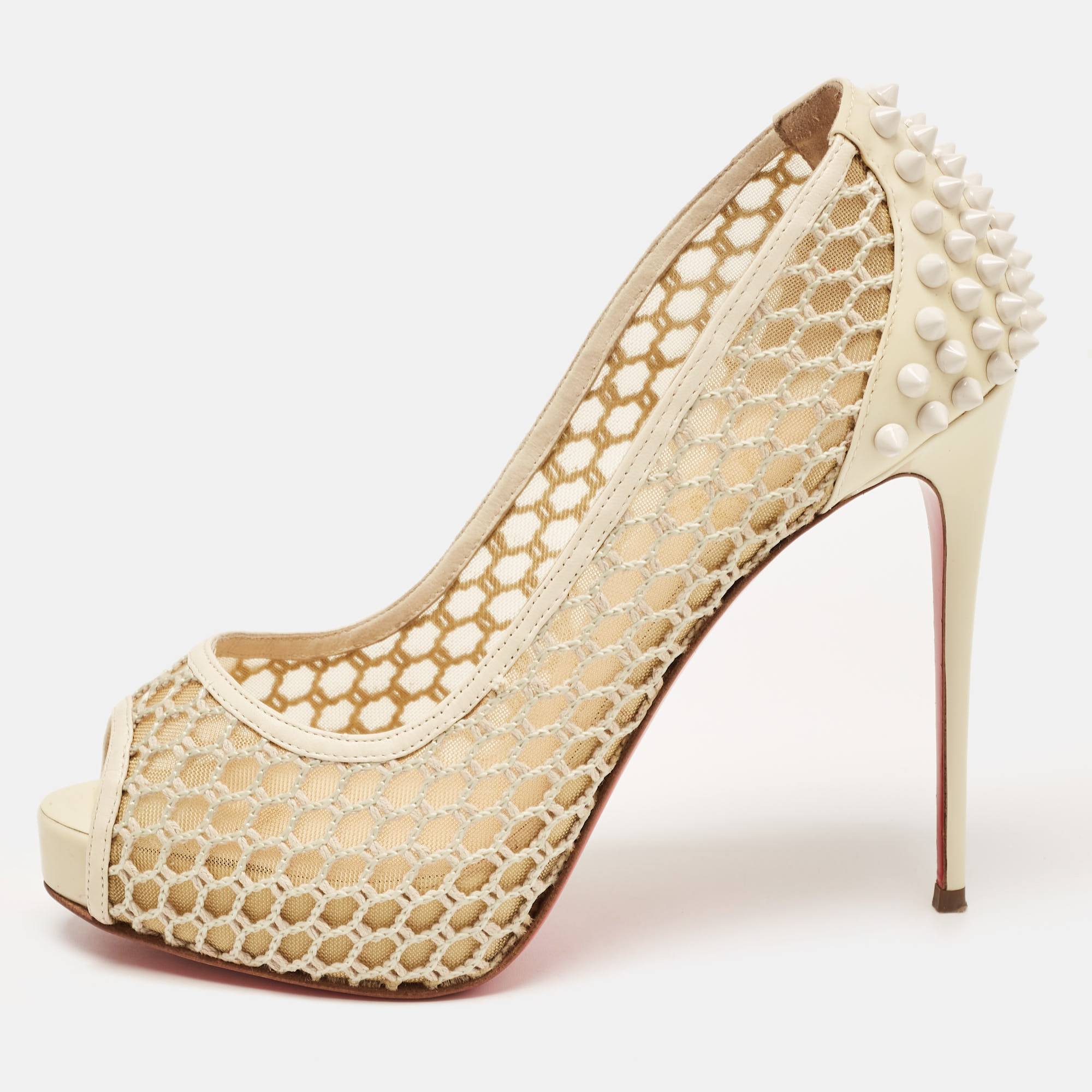 Christian Louboutin Cream Patent Leather And Mesh Guni Spiked Peep Toe Pumps Size 38