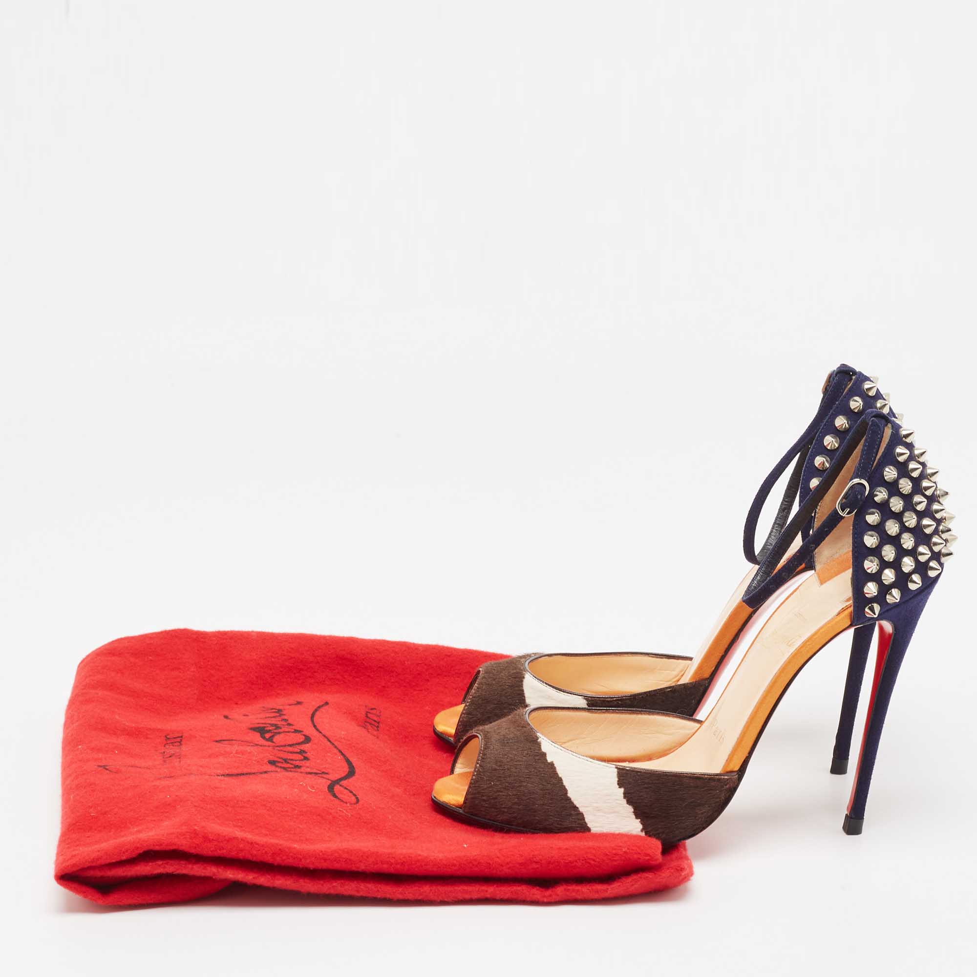 Christian Louboutin Tricolor Calf Hair And Suede Pina Spike Sandals Size 37
