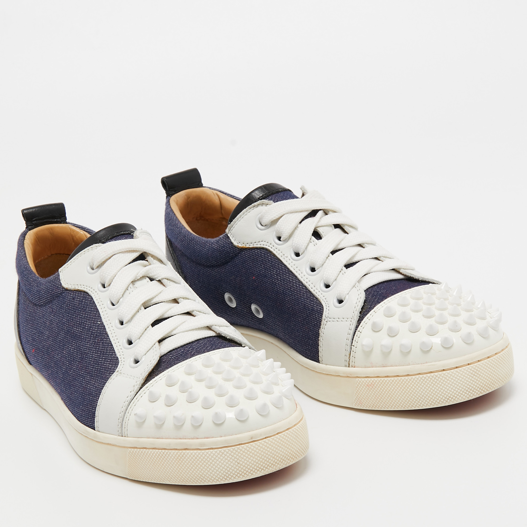 Christian Louboutin Blue/White Denim And Leather Spikes Low Top Sneakers Size 37
