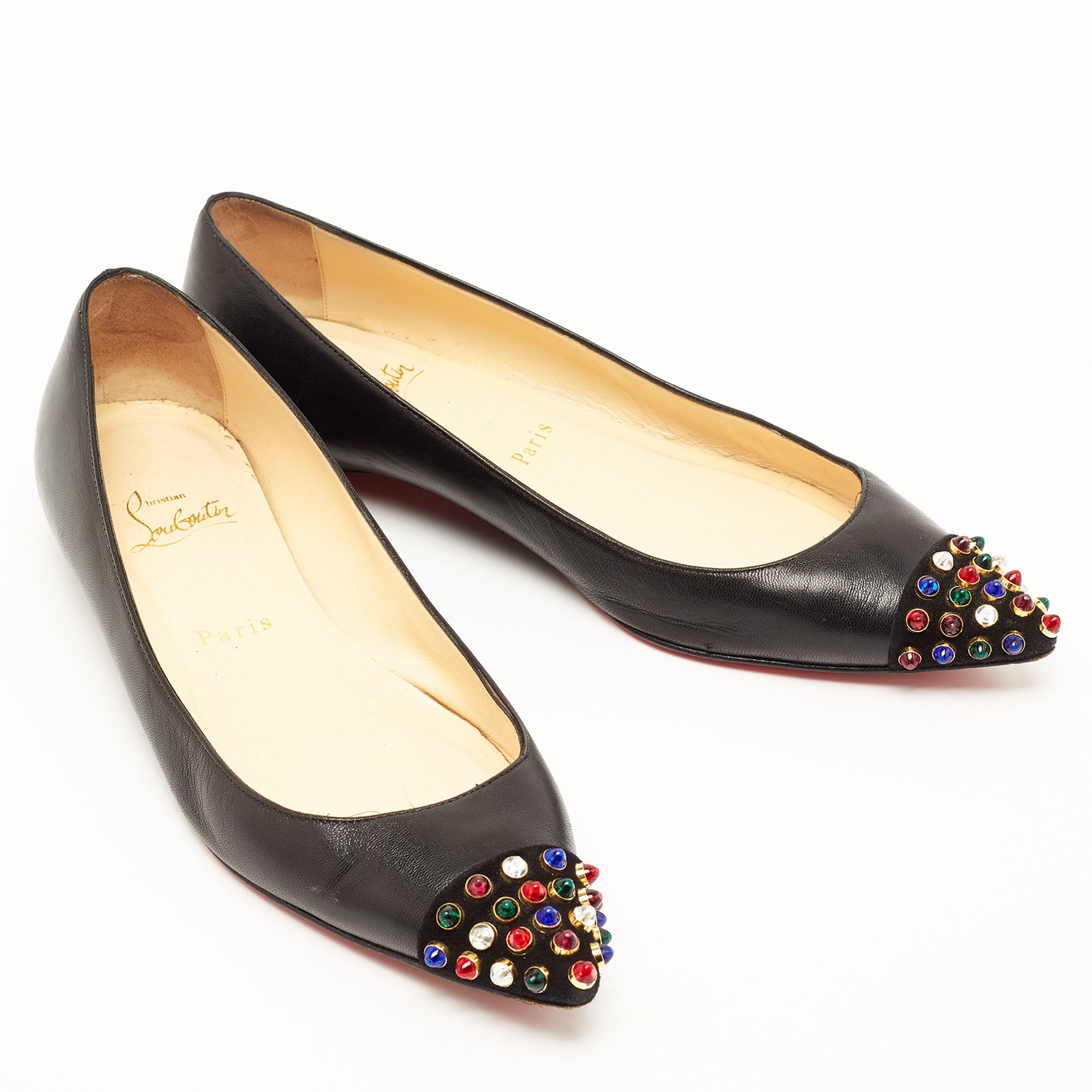 Christian Louboutin Black Suede And Leather Crystal Geo Ballet Flats Size 37.5