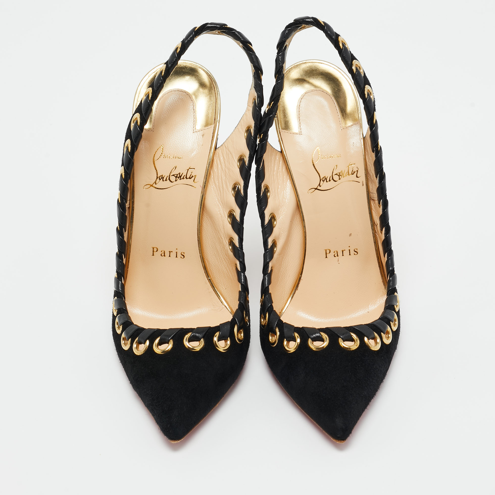 Christian Louboutin Black Suede And Leather Trim Whipstitch Ostri Slingback Pumps Size 38