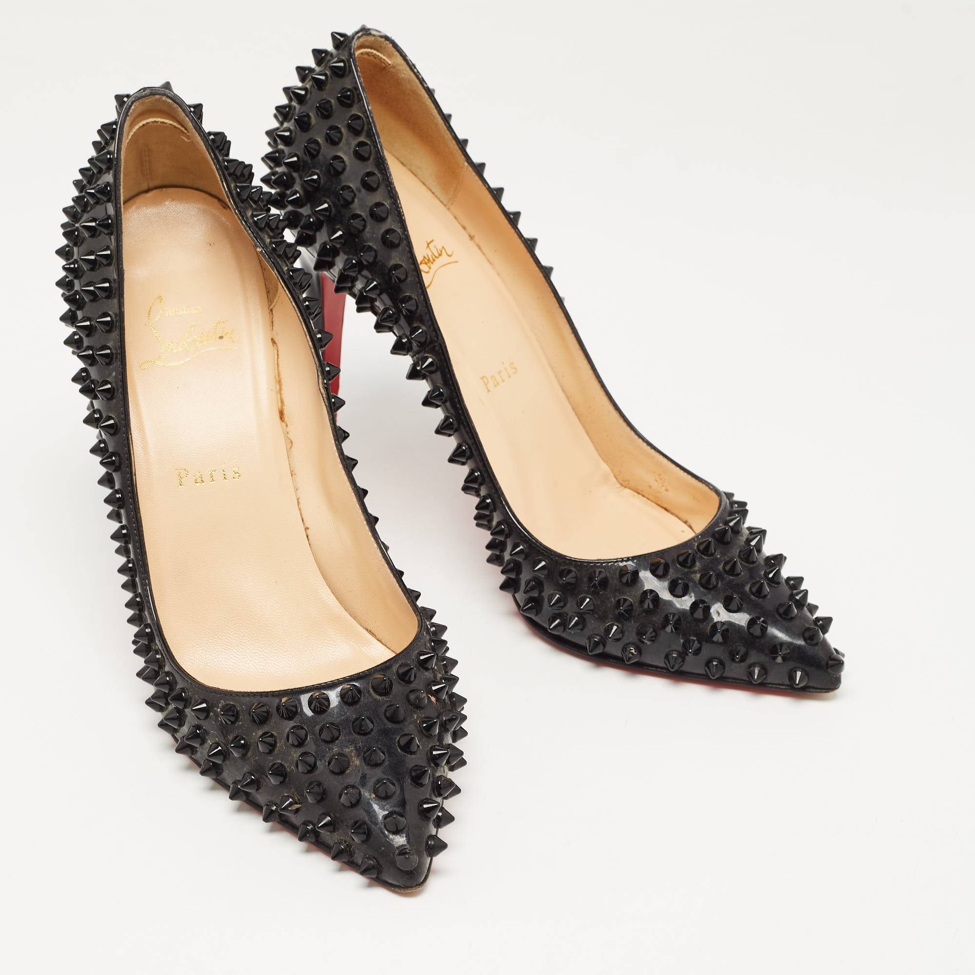Christian Louboutin Black Patent Leather Pigalle Spikes Pumps Size 39.5
