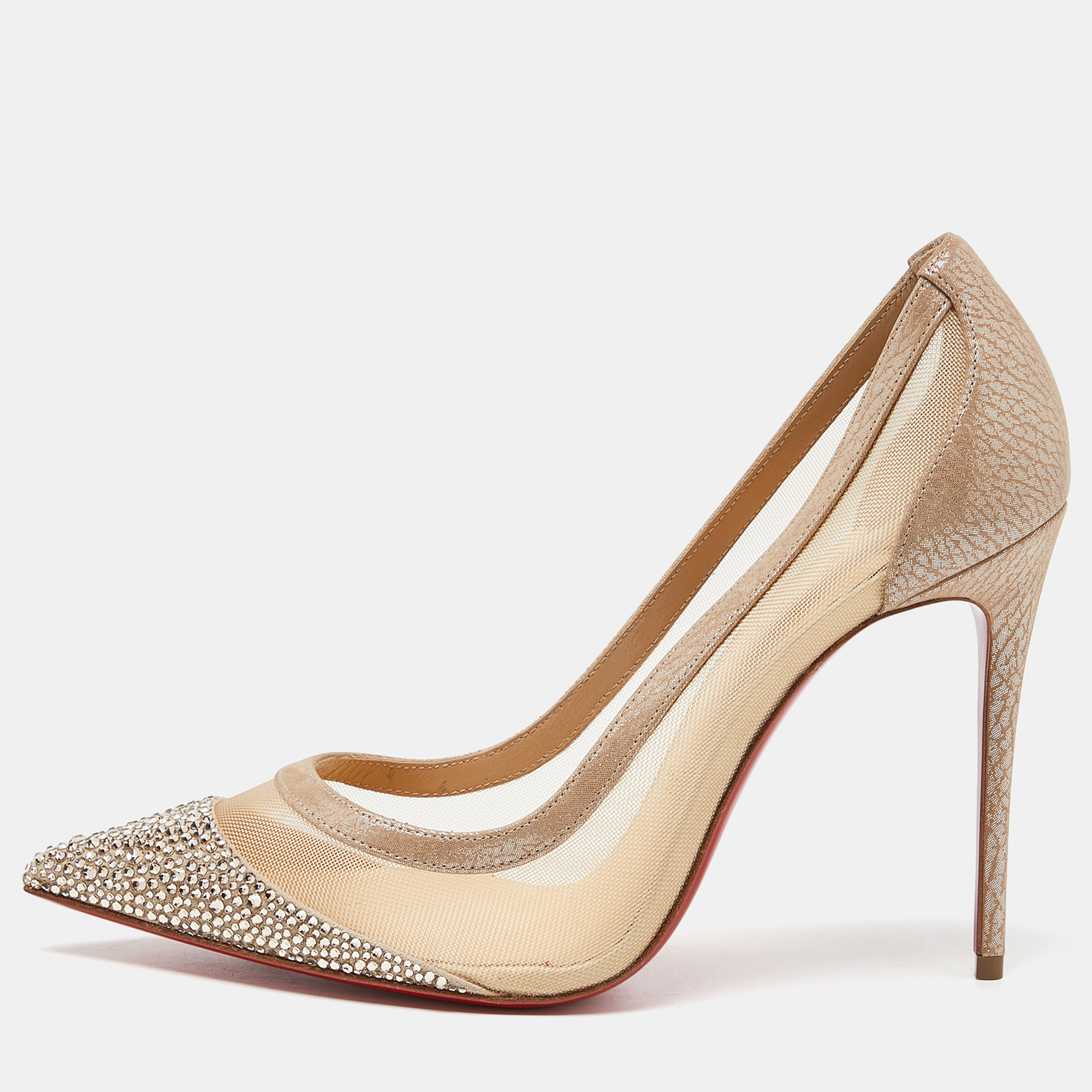 Christian Louboutin Beige Mesh And Suede Embellished Galativi Strass Pumps Size 38.5