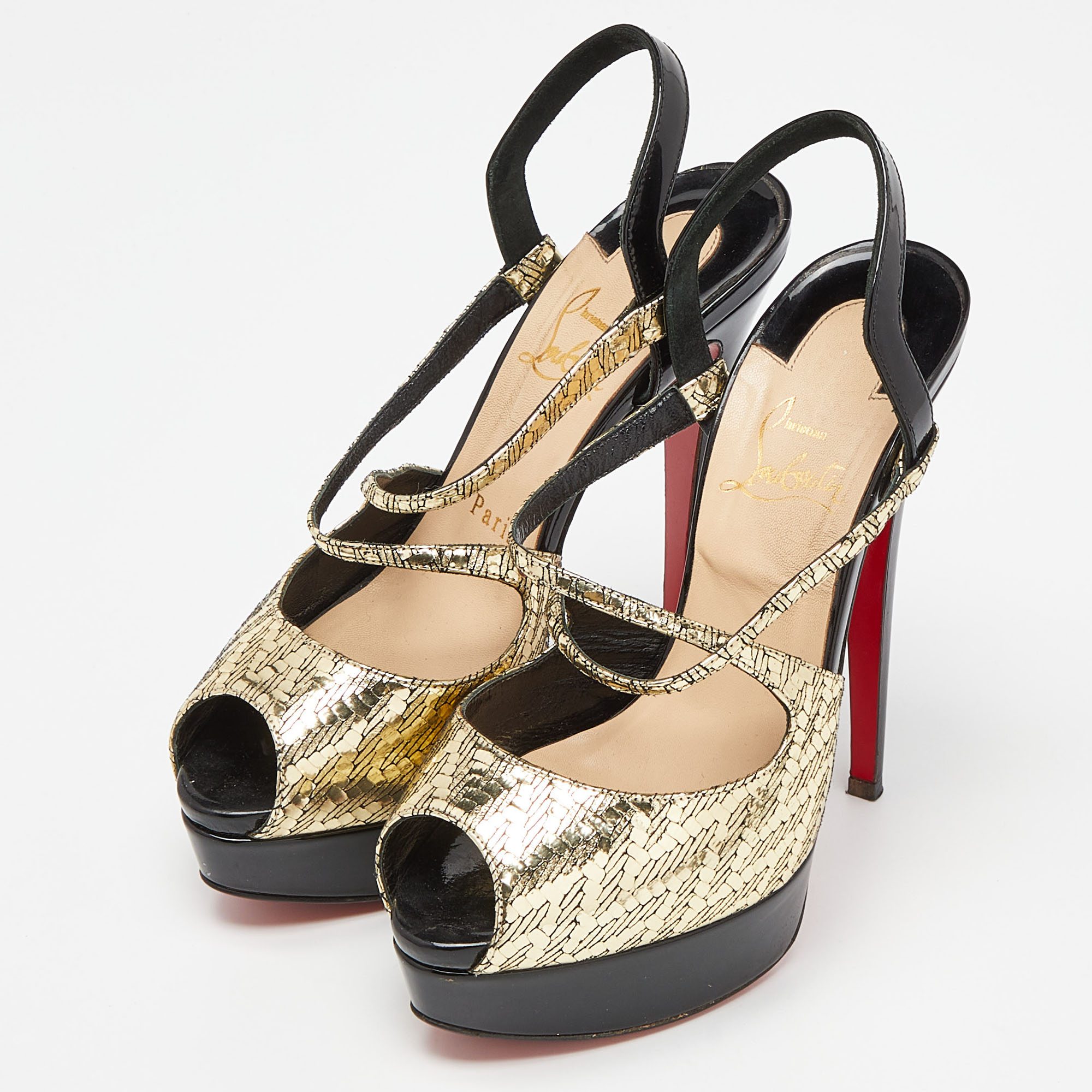 Christian Louboutin Black/Gold Patent Leather Cross Street Strappy Sandals Size 36