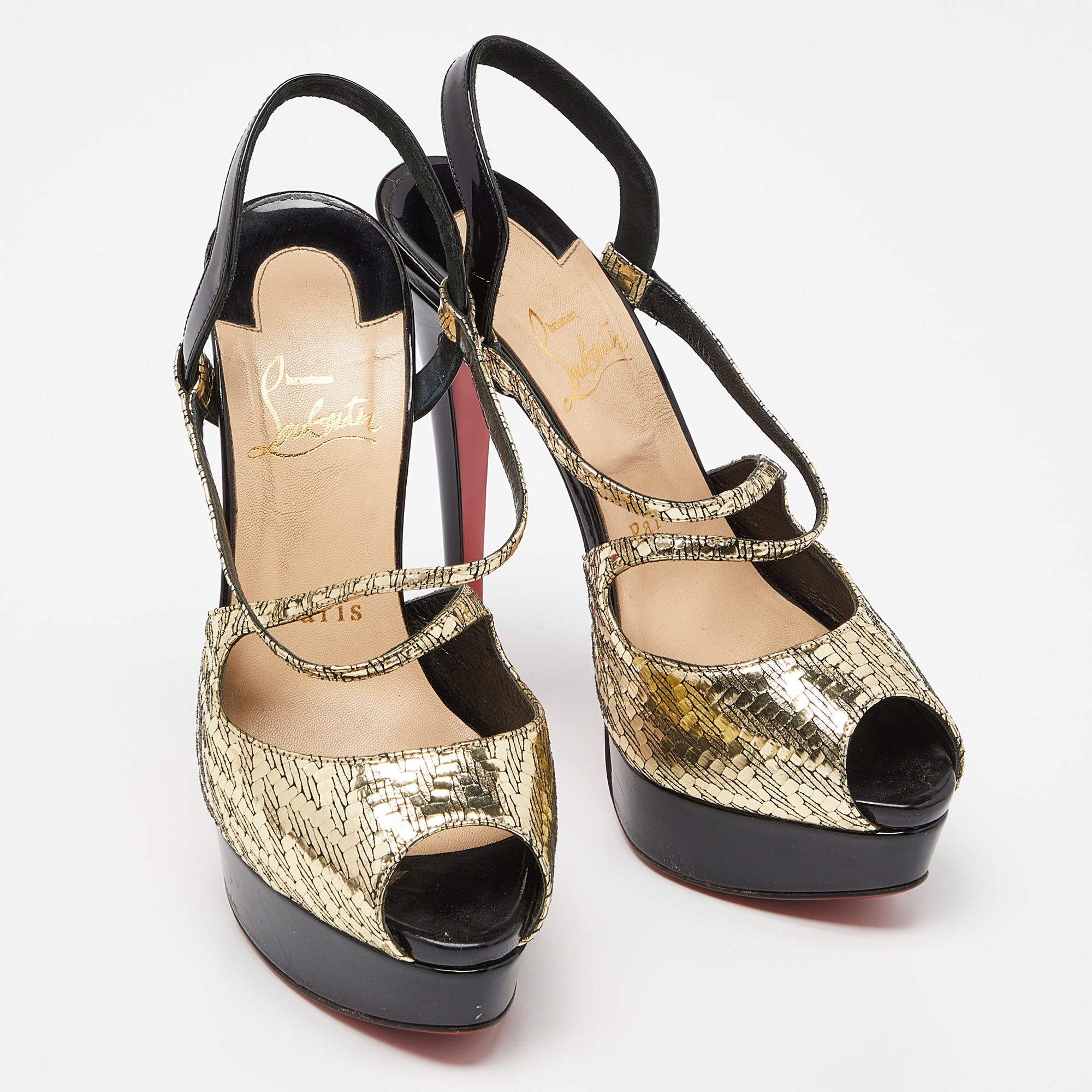 Christian Louboutin Black/Gold Patent Leather Cross Street Strappy Sandals Size 36