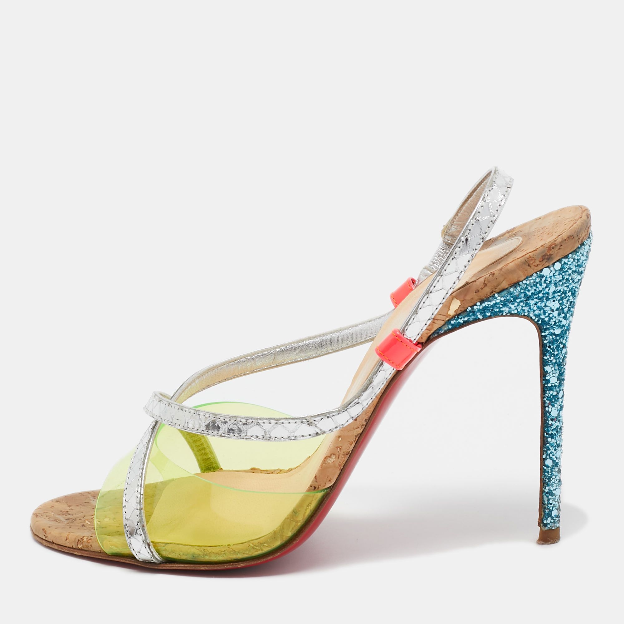 Christian louboutin multicolor python embossed and pvc slingback sandals size 38