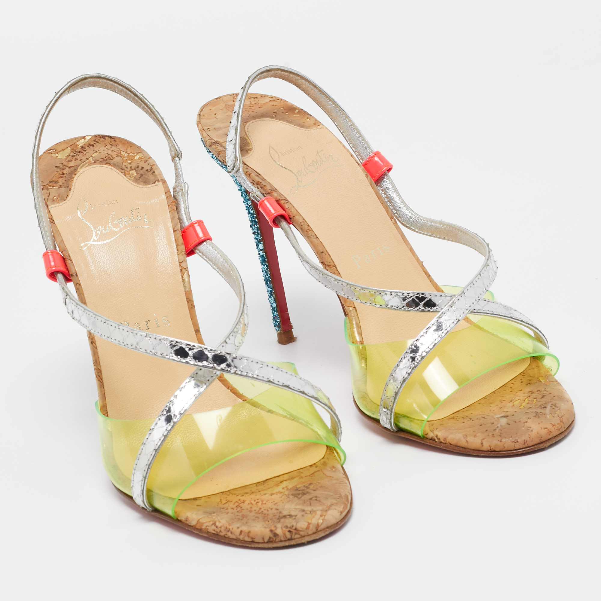 Christian Louboutin Multicolor Python Embossed And PVC Slingback Sandals Size 38