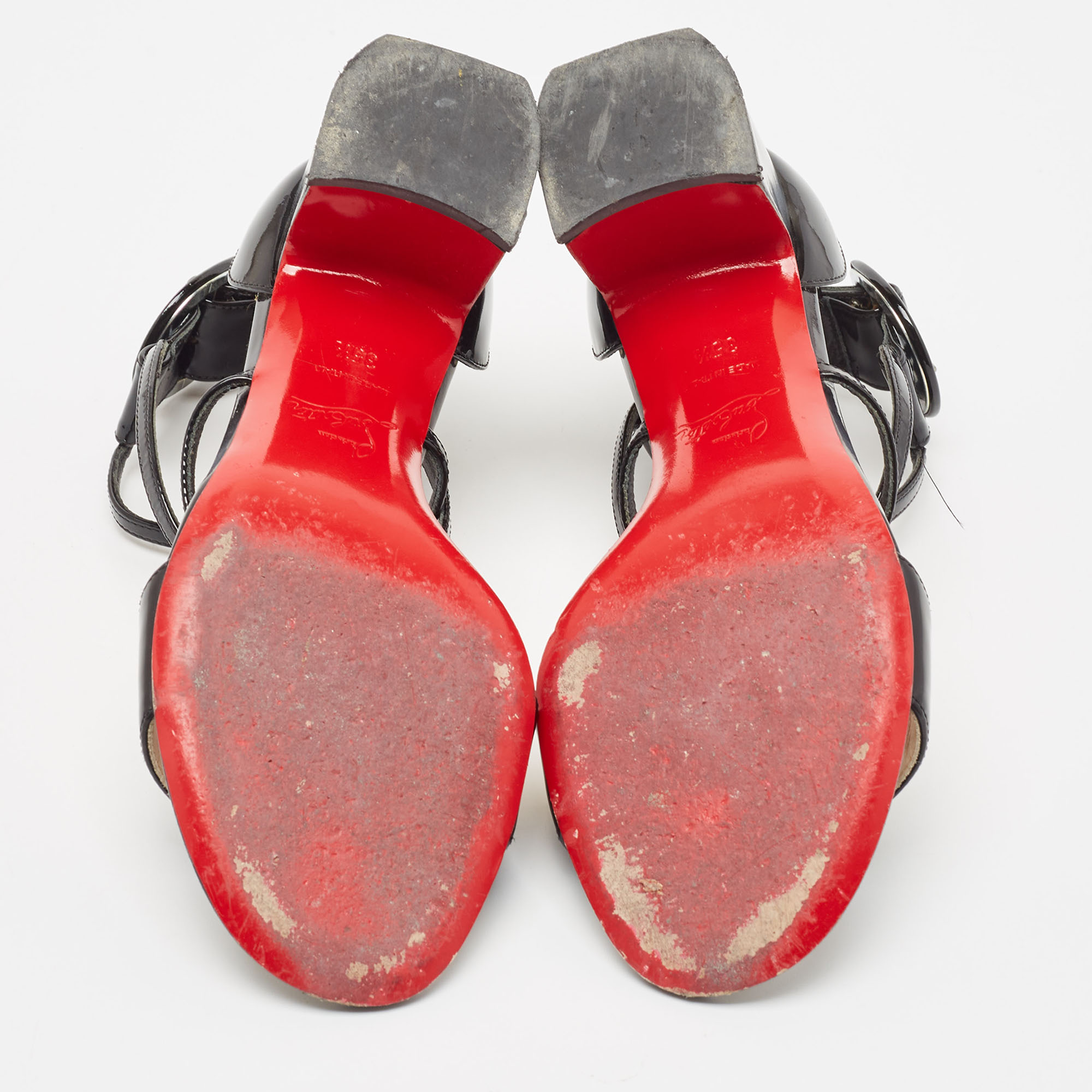 Christian Louboutin Black Patent Strappy Block Heel Sandals Size 35.5
