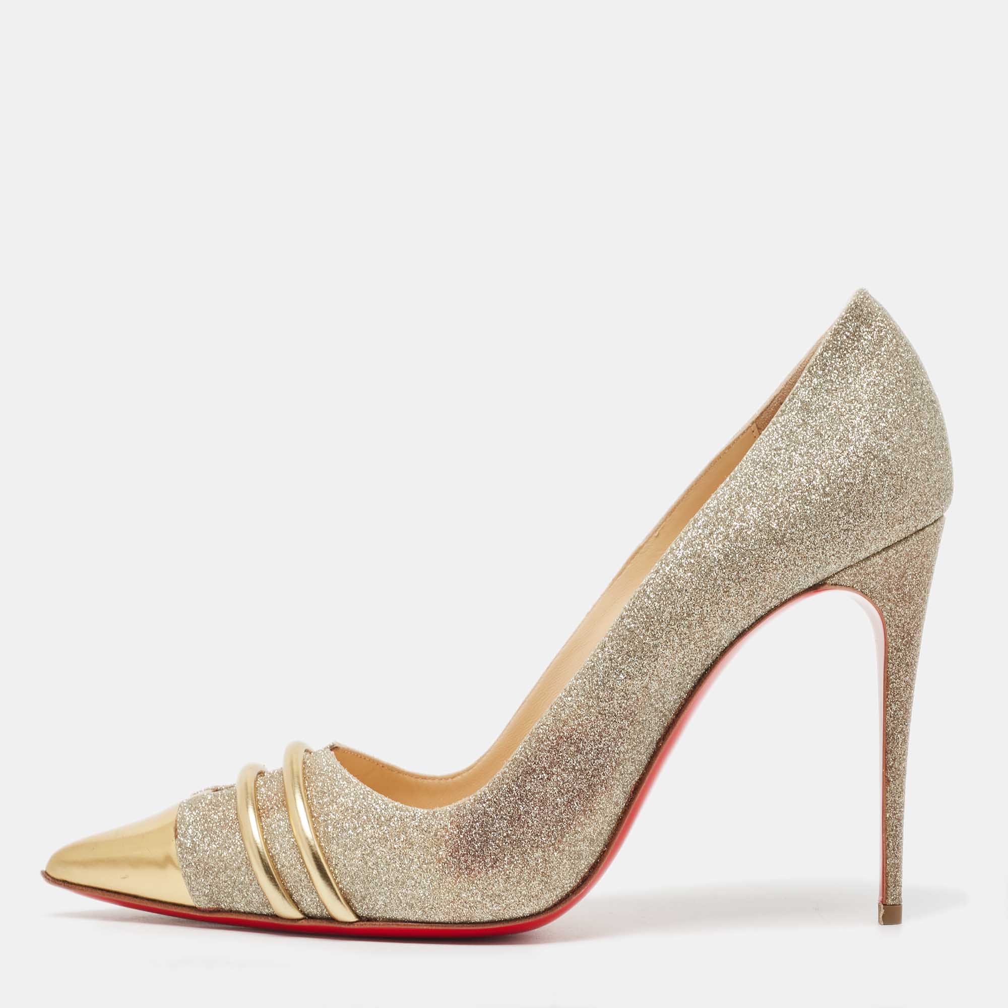 Christian Louboutin Gold Glitter And Leather Front Double Pumps Size 39.5