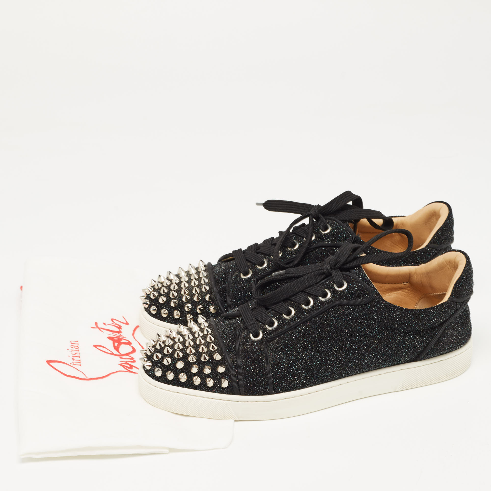 Christian Louboutin Black Textured Suede Louis Junior Spike Sneakers Size 38.5