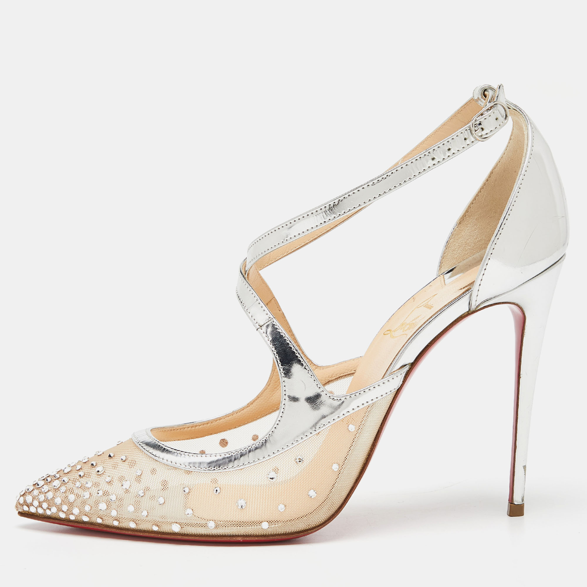 Christian Louboutin Silver Patent Leather And Mesh Twistissima Strass Pumps Size 39