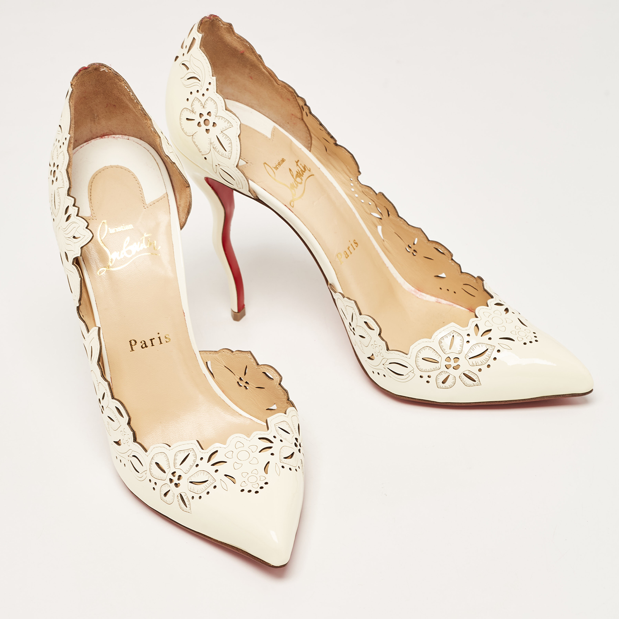 Christian Louboutin Off White Patent Leather Floral Laser Cut D'Orsay Pumps Size 40