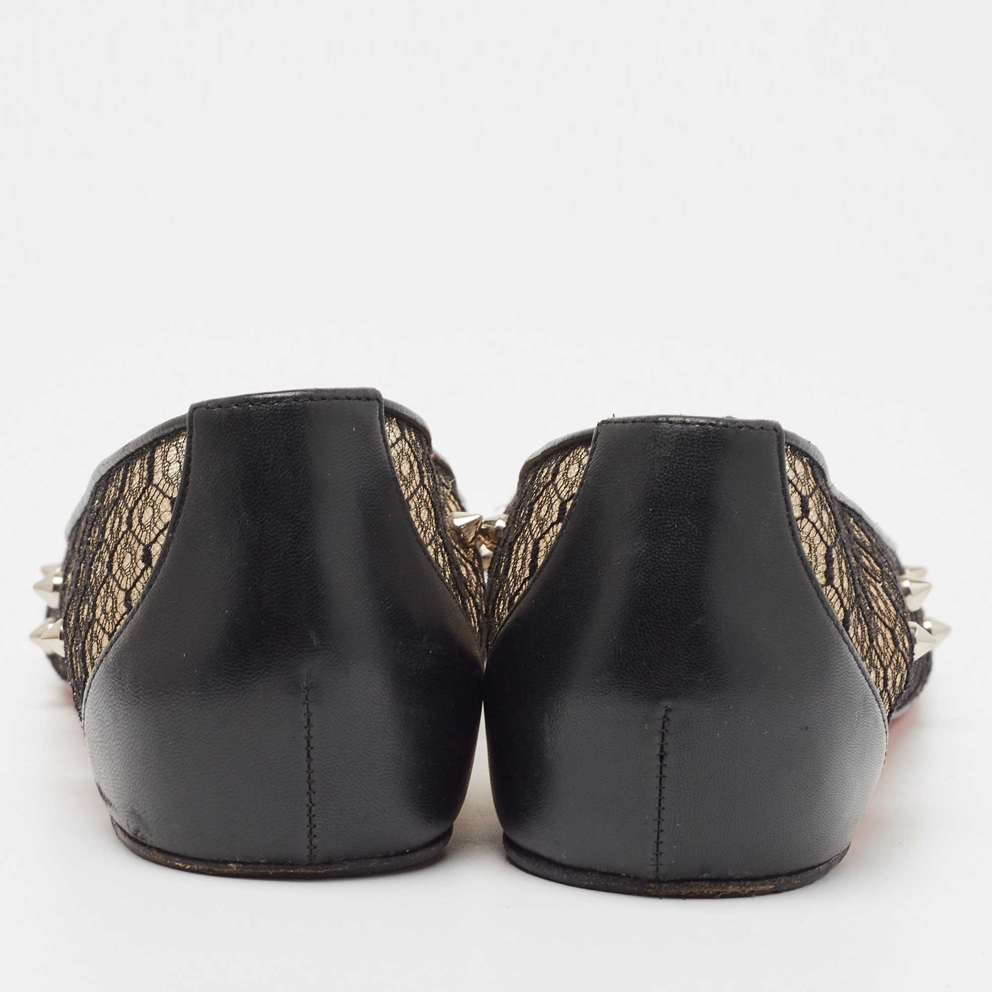 Christian Louboutin Black Lace And Leather Spikes Ballet Flats Size 39