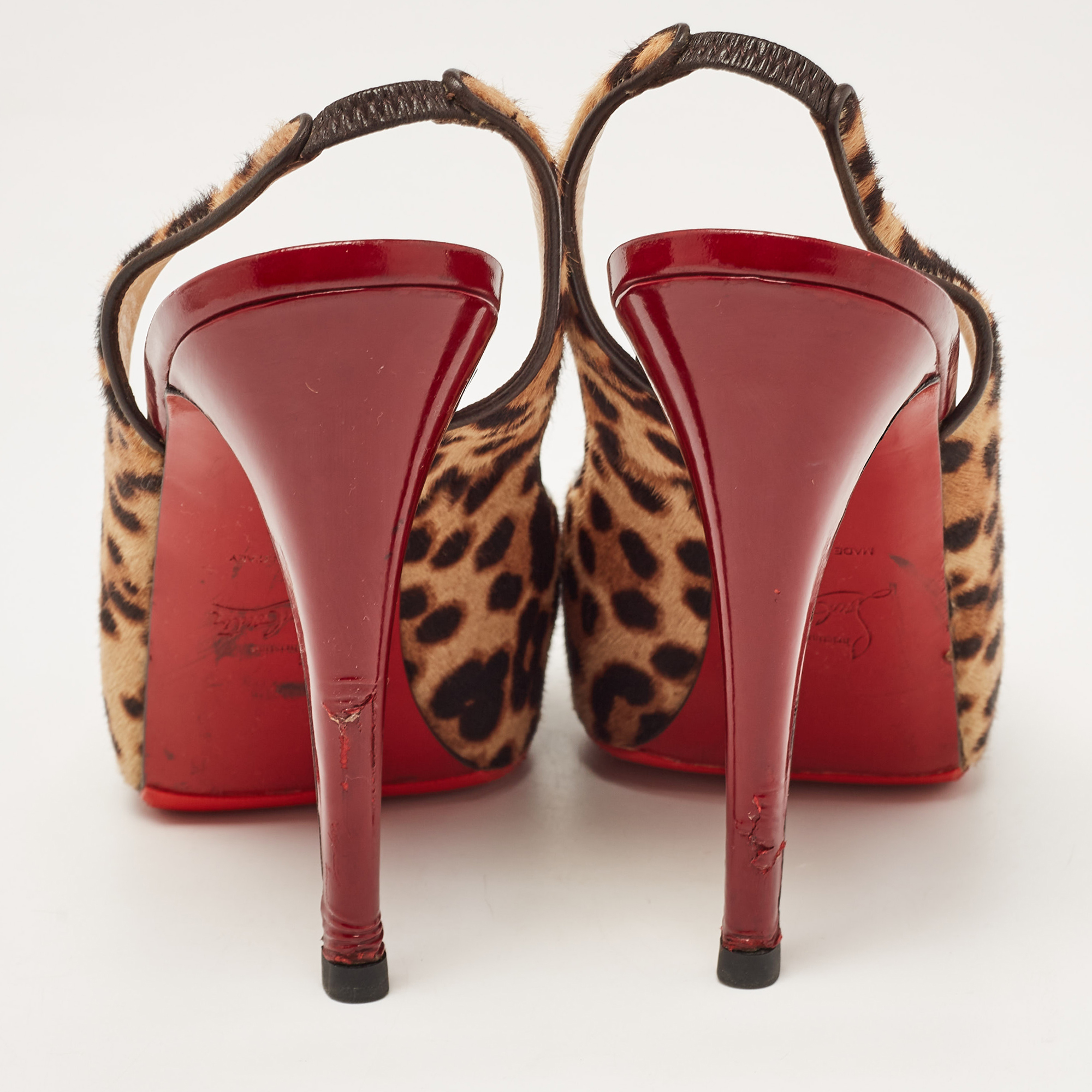 Christian Louboutin Beige/Brown Leopard Print Calf Hair No Prive Slingback Pumps Size 41