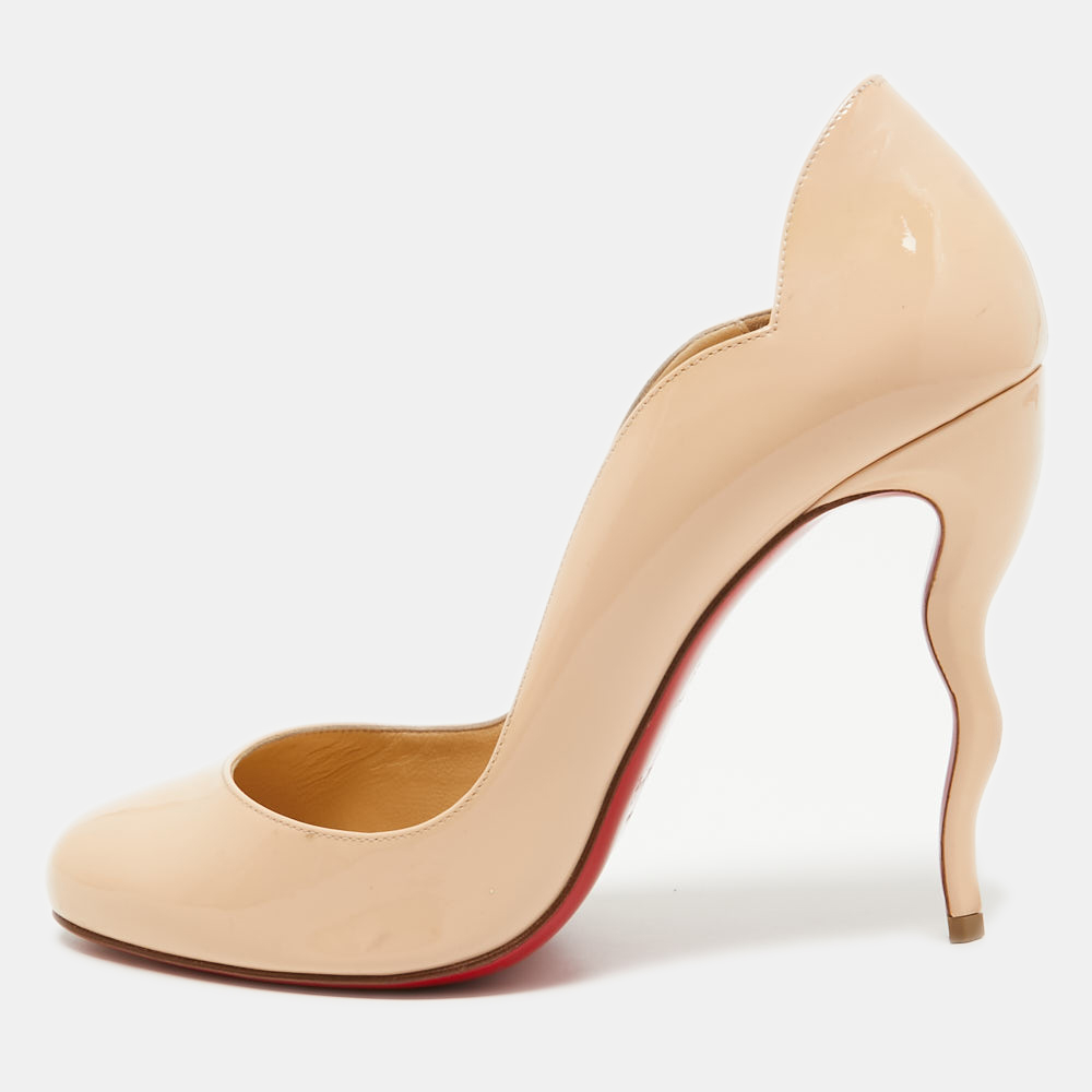Christian louboutin peach pink patent leather wawy dolly round toe pumps size 39.5