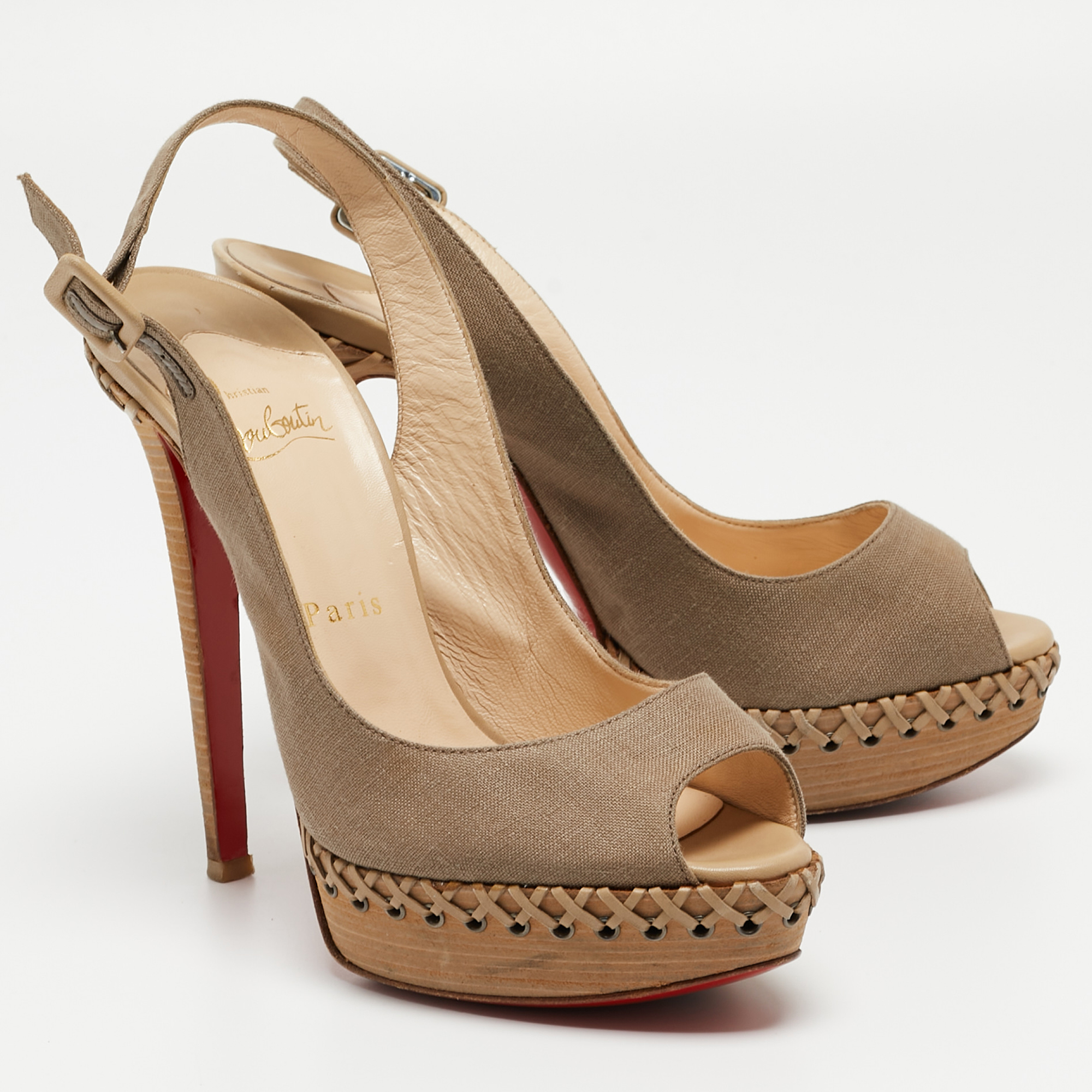 Christian Louboutin Brown Canvas Indiana Slingback Sandals Size 38