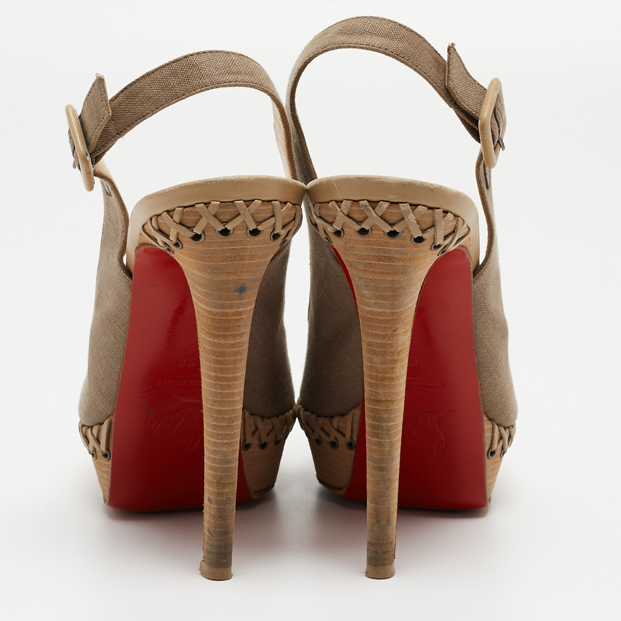 Christian Louboutin Brown Canvas Indiana Slingback Sandals Size 38