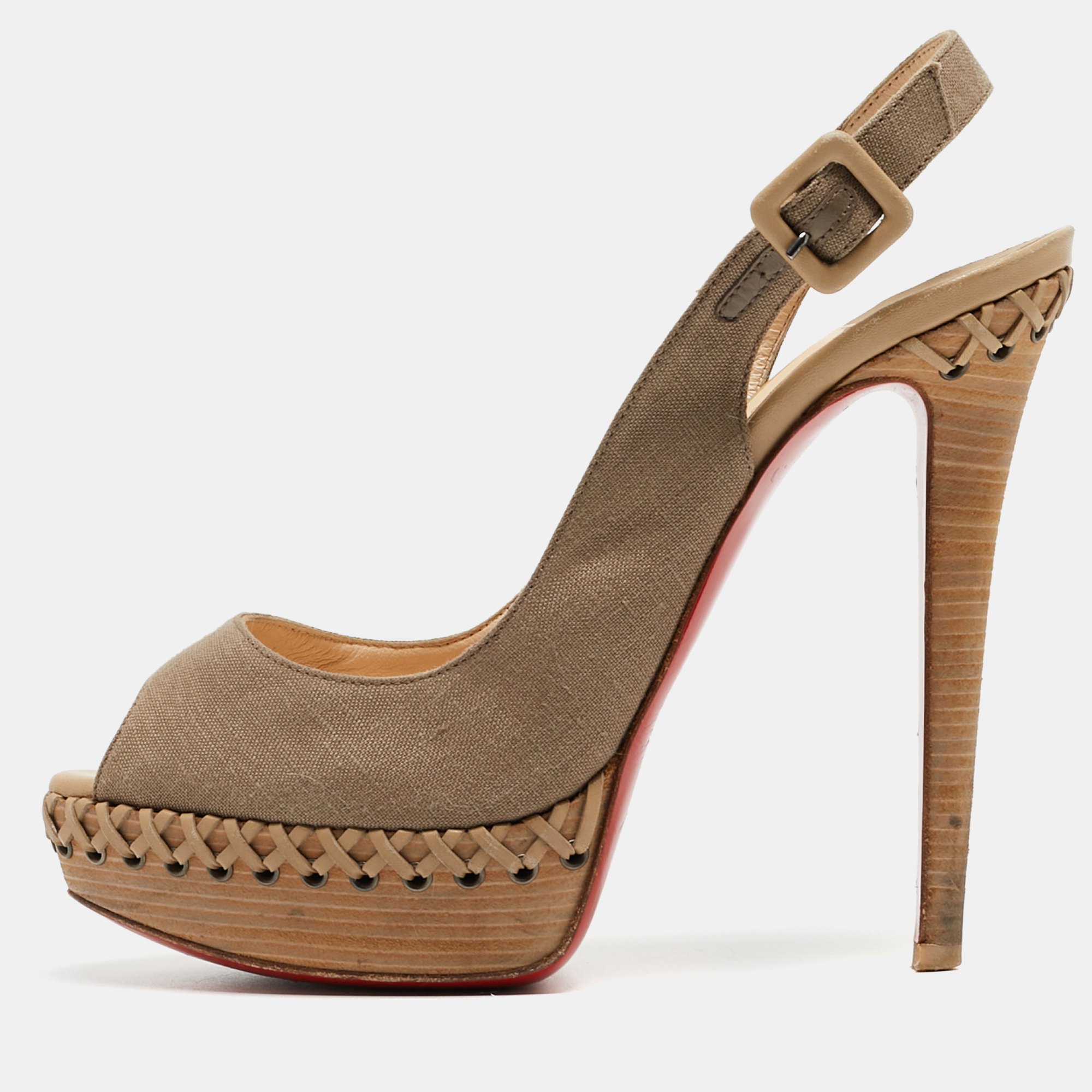 Christian louboutin brown canvas indiana slingback sandals size 38