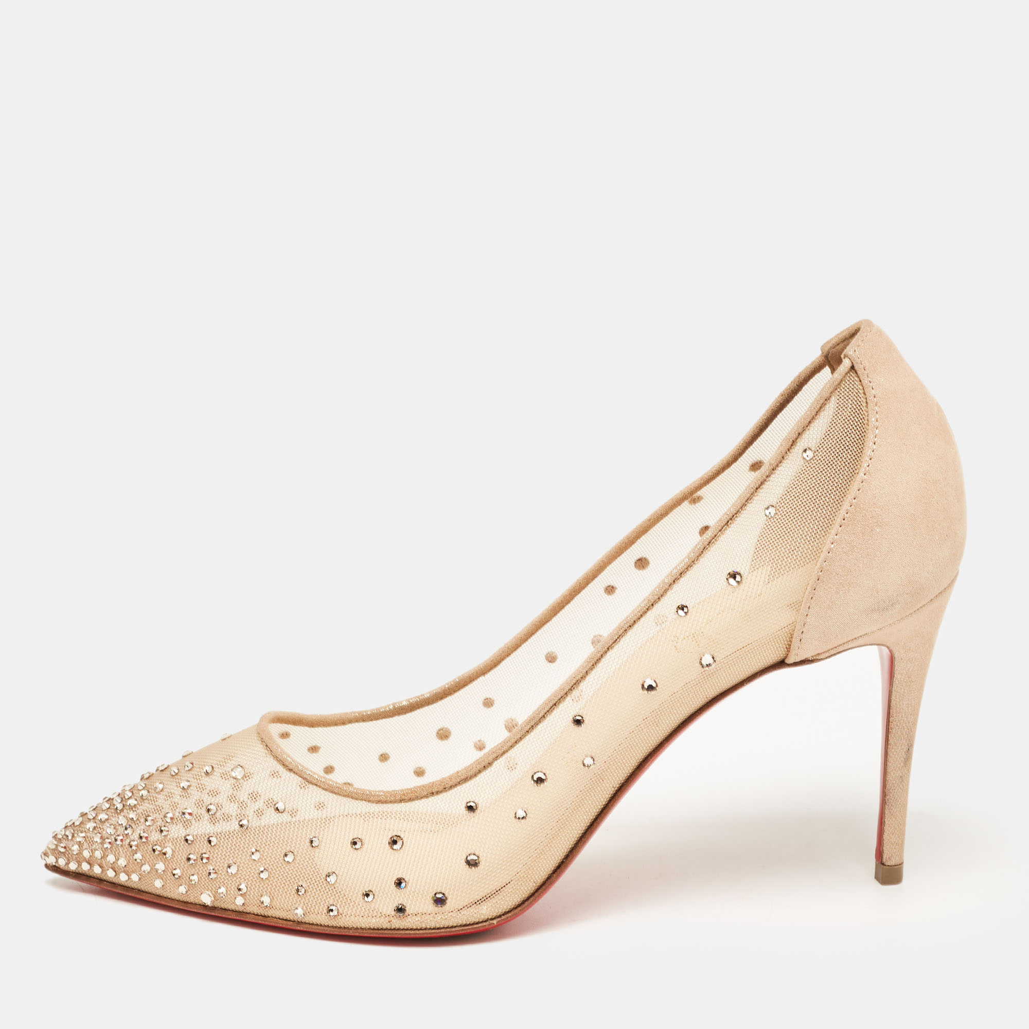 Christian Louboutin Beige Mesh And Laminated Suede Follies Strass Pumps Size 37.5