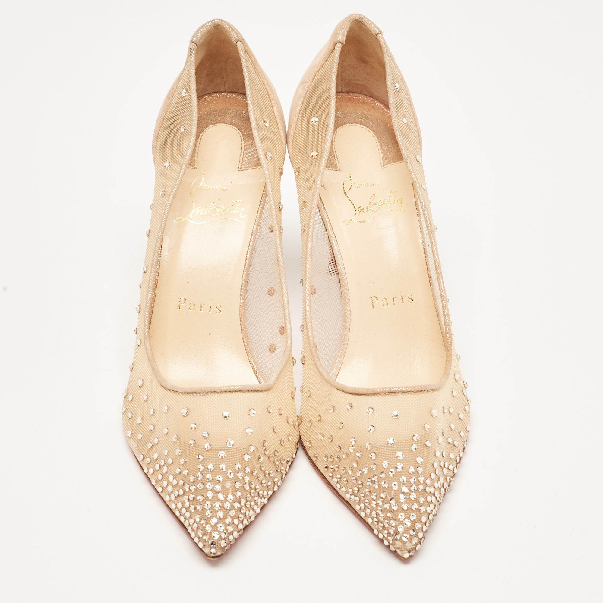 Christian Louboutin Beige Mesh And Laminated Suede Follies Strass Pumps Size 37.5