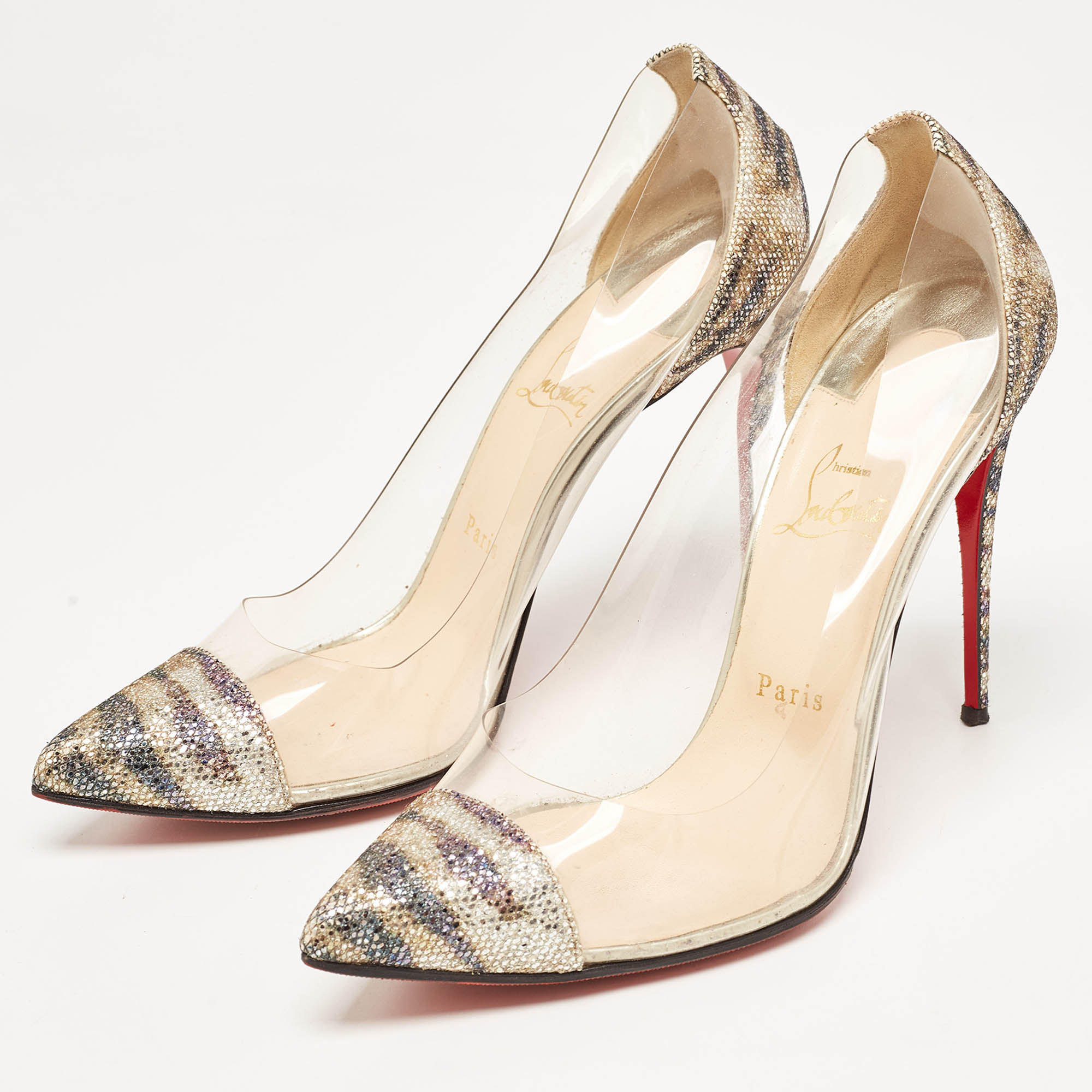 Christian Louboutin Metallic Glitter And PVC New Debout Pointed Toe Pumps Size 40.5