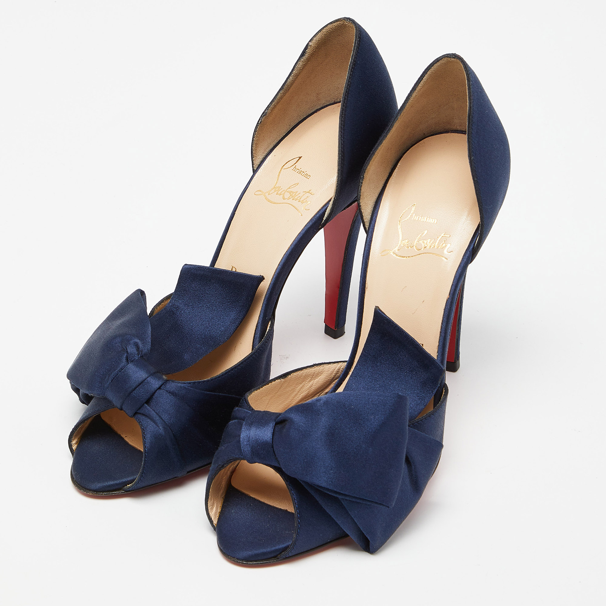 Christian Louboutin Blue Satin Bow T Dorcet Peep Toe Pumps Size 38