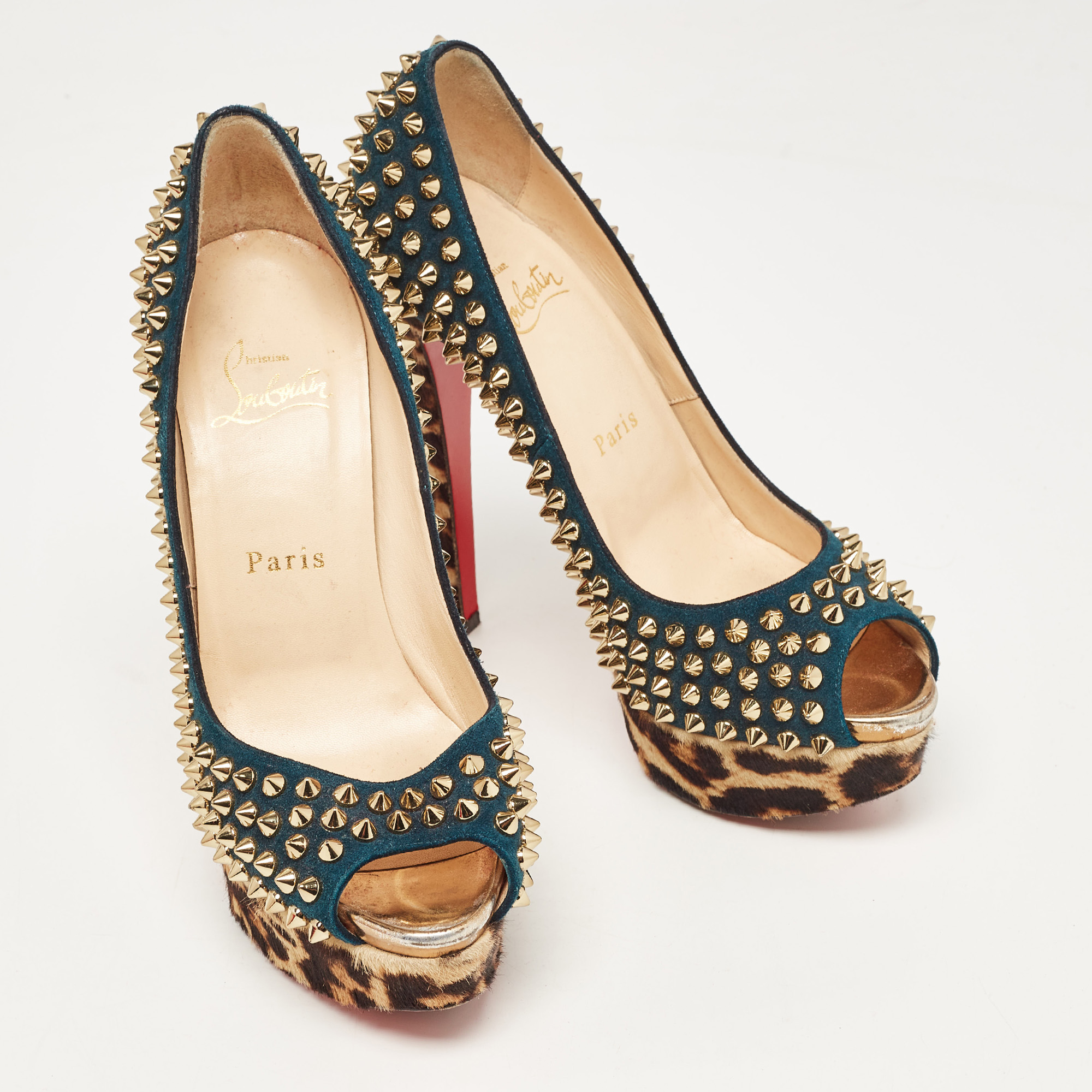Christian Louboutin Multicolor Suede And Leopard Calf Hair Lady Peep Spikes Platform Pumps Size 36.5