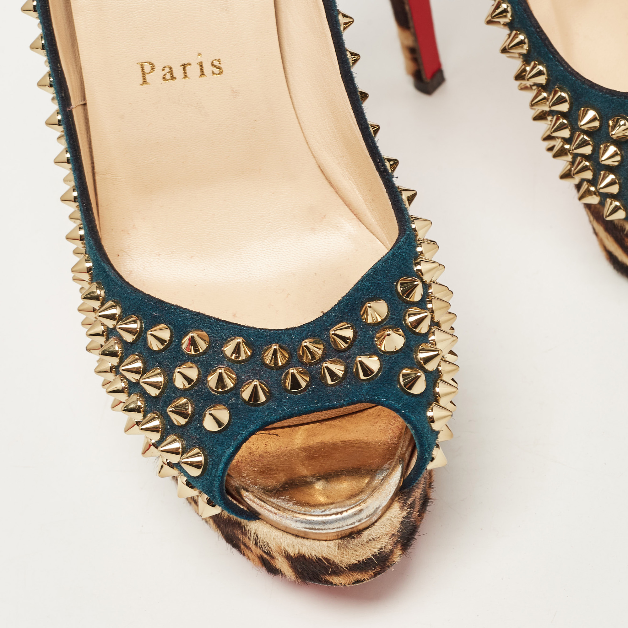 Christian Louboutin Multicolor Suede And Leopard Calf Hair Lady Peep Spikes Platform Pumps Size 36.5