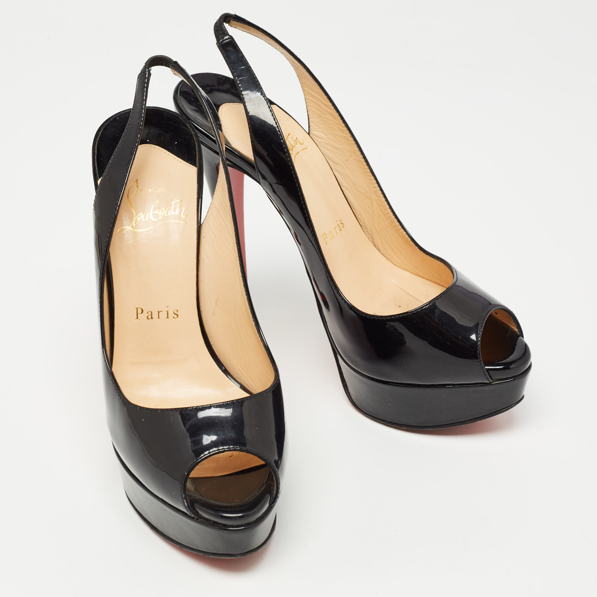 Christian Louboutin Black Patent Lady Peep Slingback Sandals Size 36.5