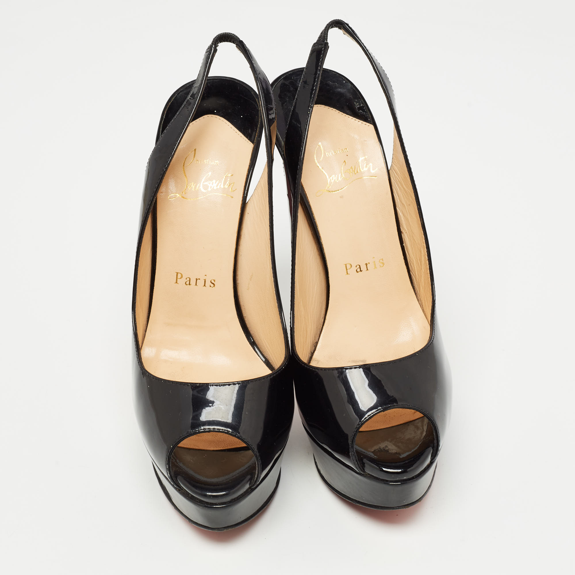 Christian Louboutin Black Patent Lady Peep Slingback Sandals Size 36.5