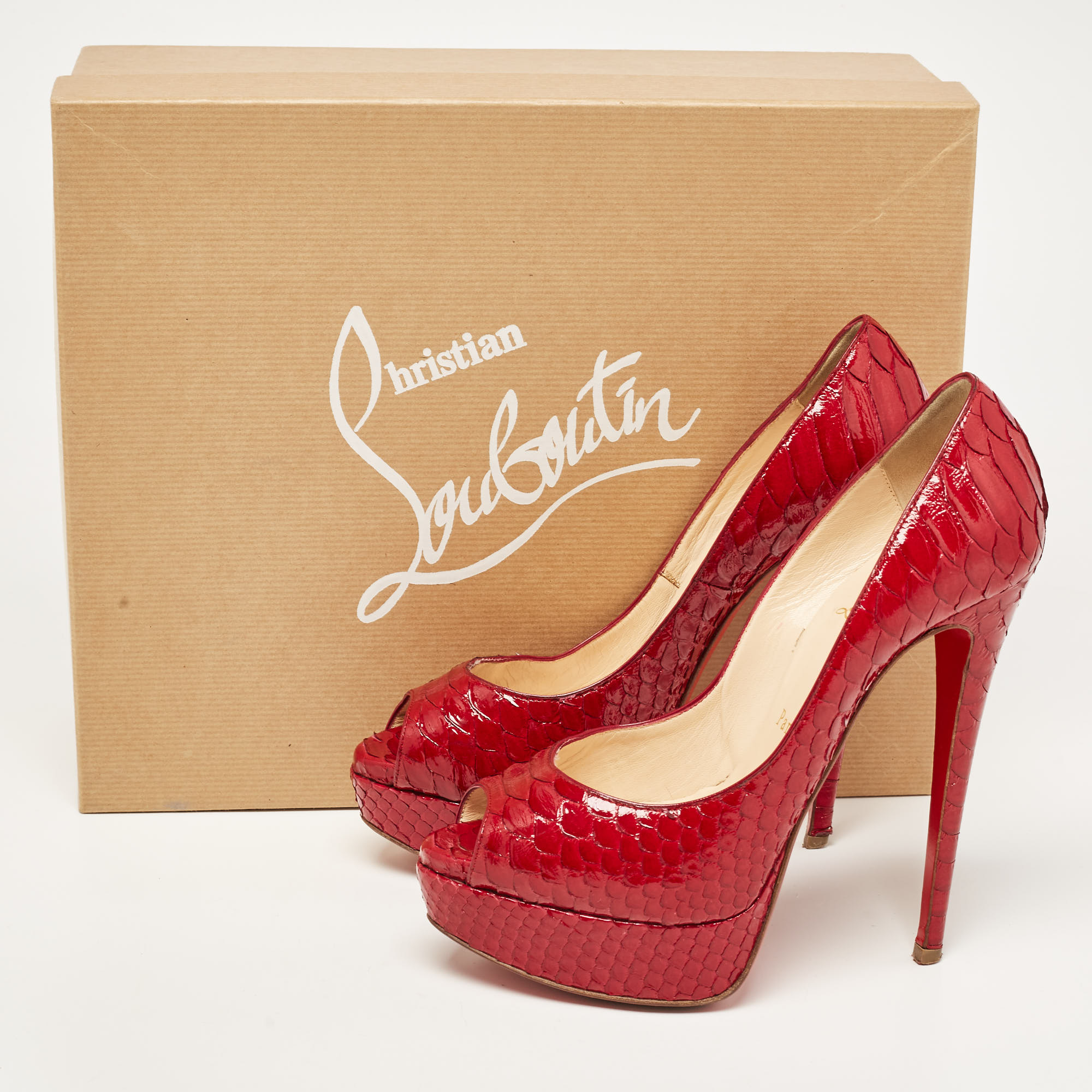 Christian Louboutin Red Python Leather Lady Peep  Pumps Size 36.5