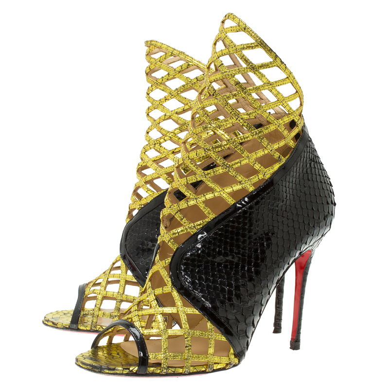 Christian Louboutin Black And Gold Python Bougliona Cage Ankle Boots Size 38.5