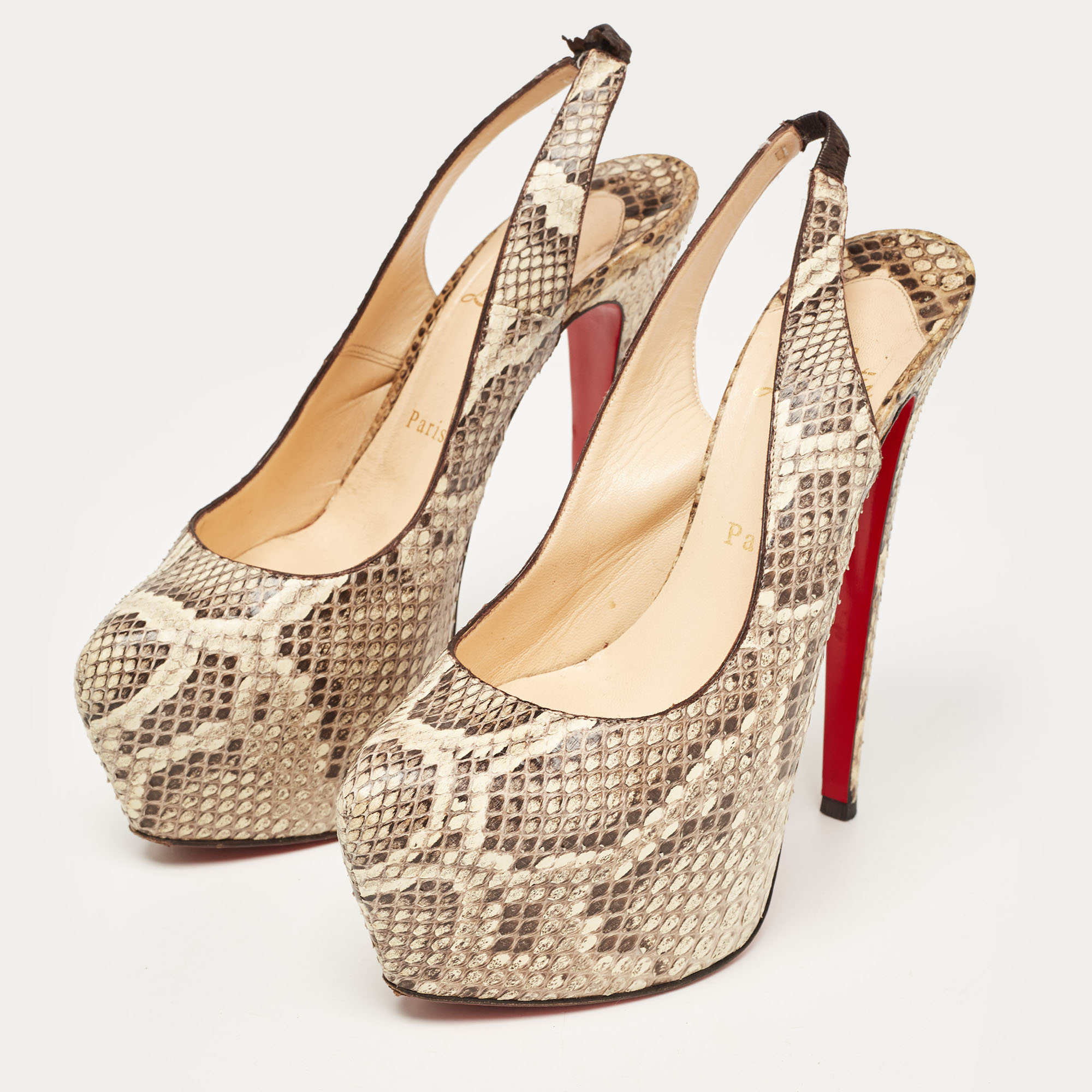 Christian Louboutin Brown/Beige Python Dafsling  Slingback Pumps Size 38.5