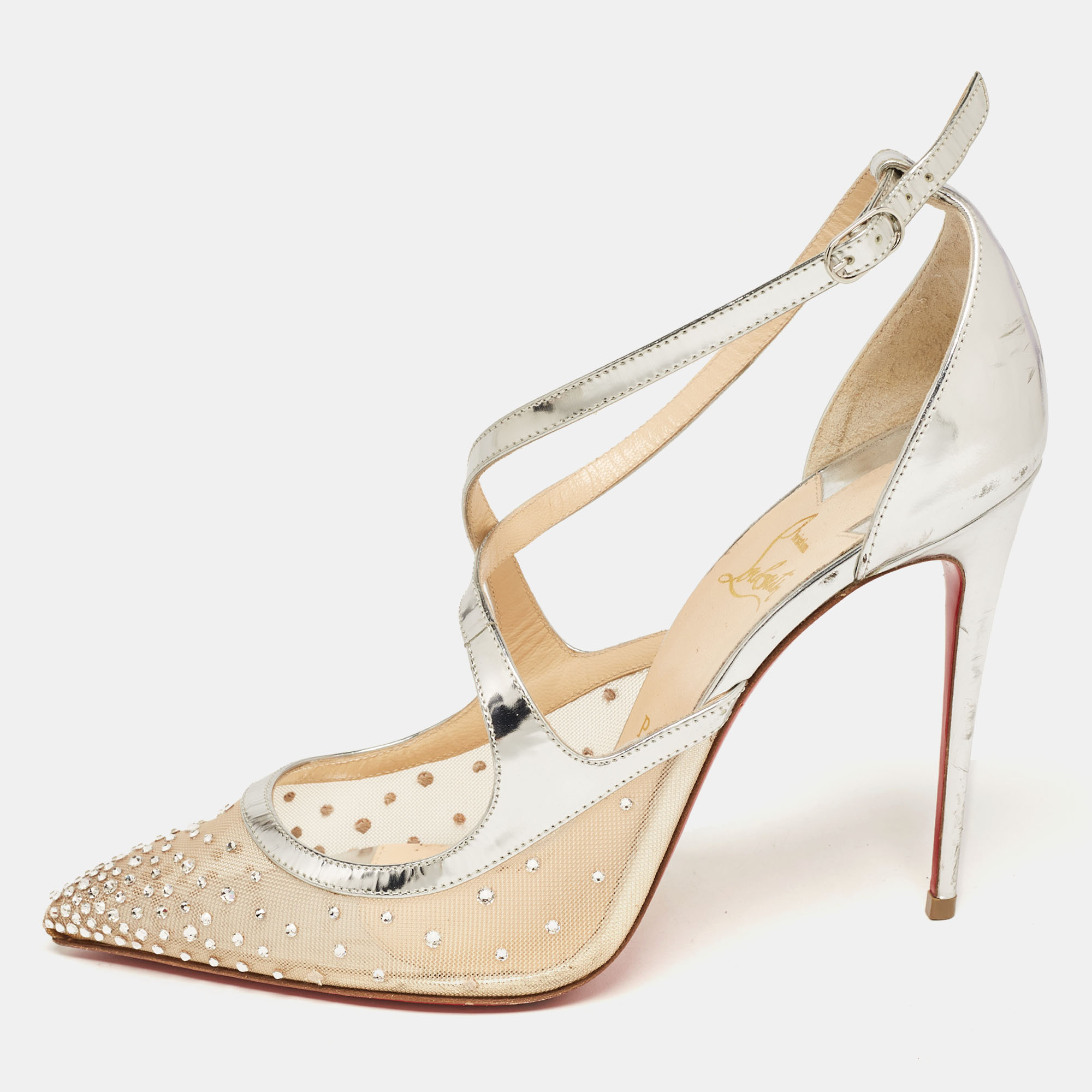Christian louboutin silver leather and mesh twistissima strass pumps size 40.5