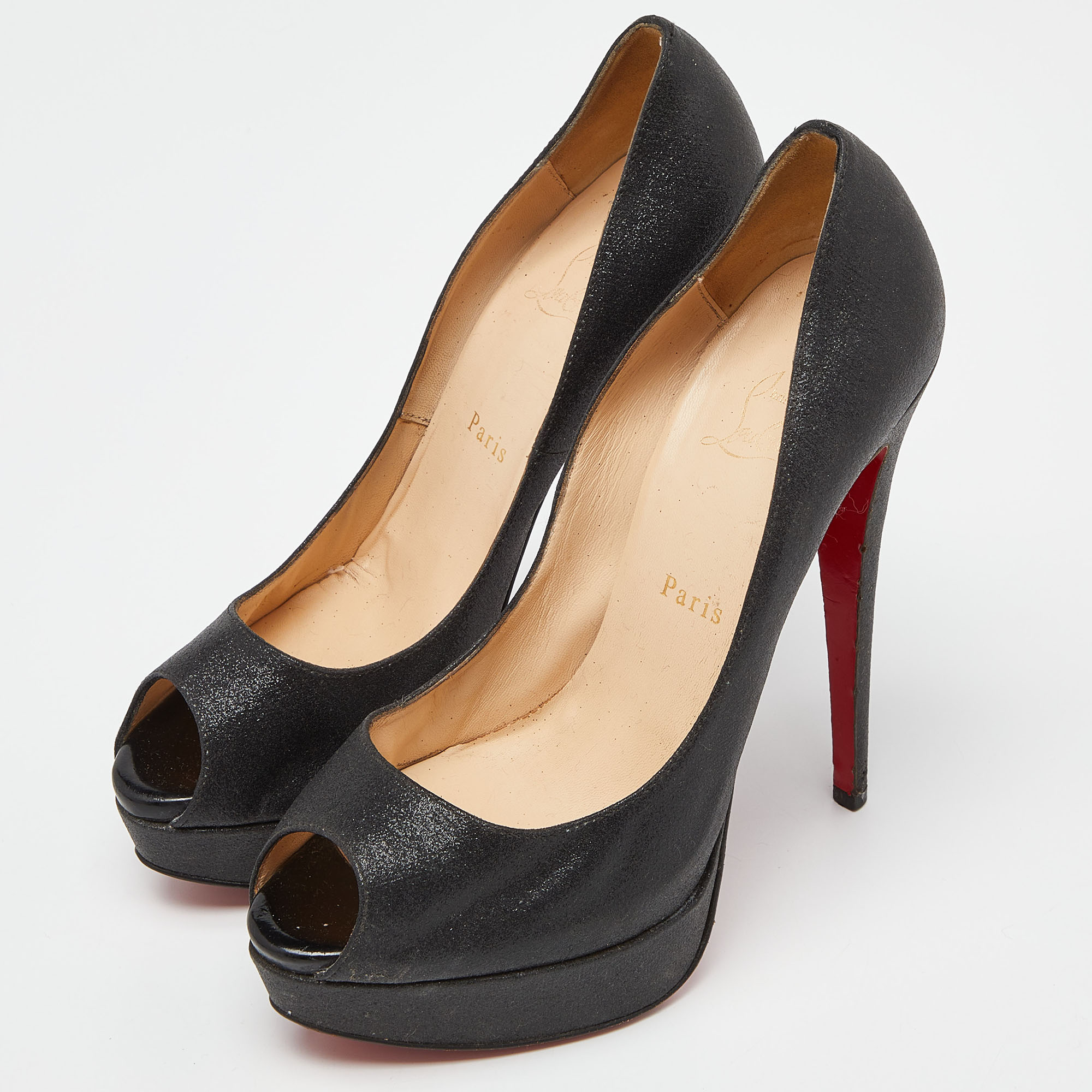 Christian Louboutin Black Glitter Lady Peep Pumps Size 40