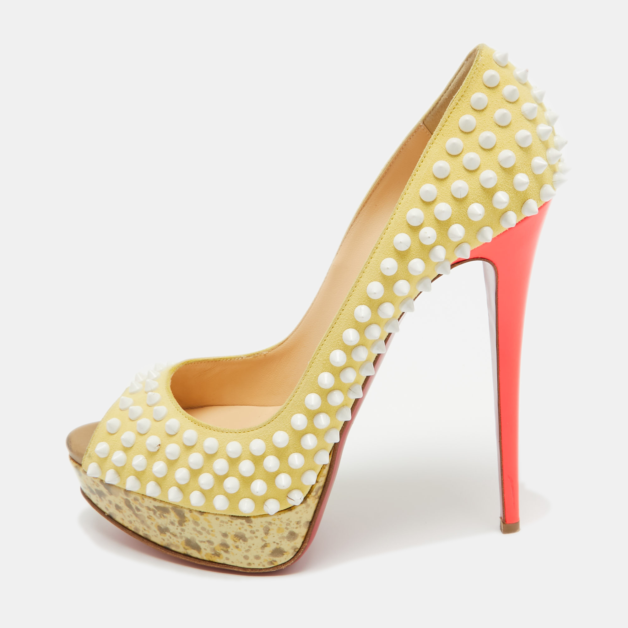 

Christian Louboutin Yellow Suede Lady Peep Spikes Pumps Size