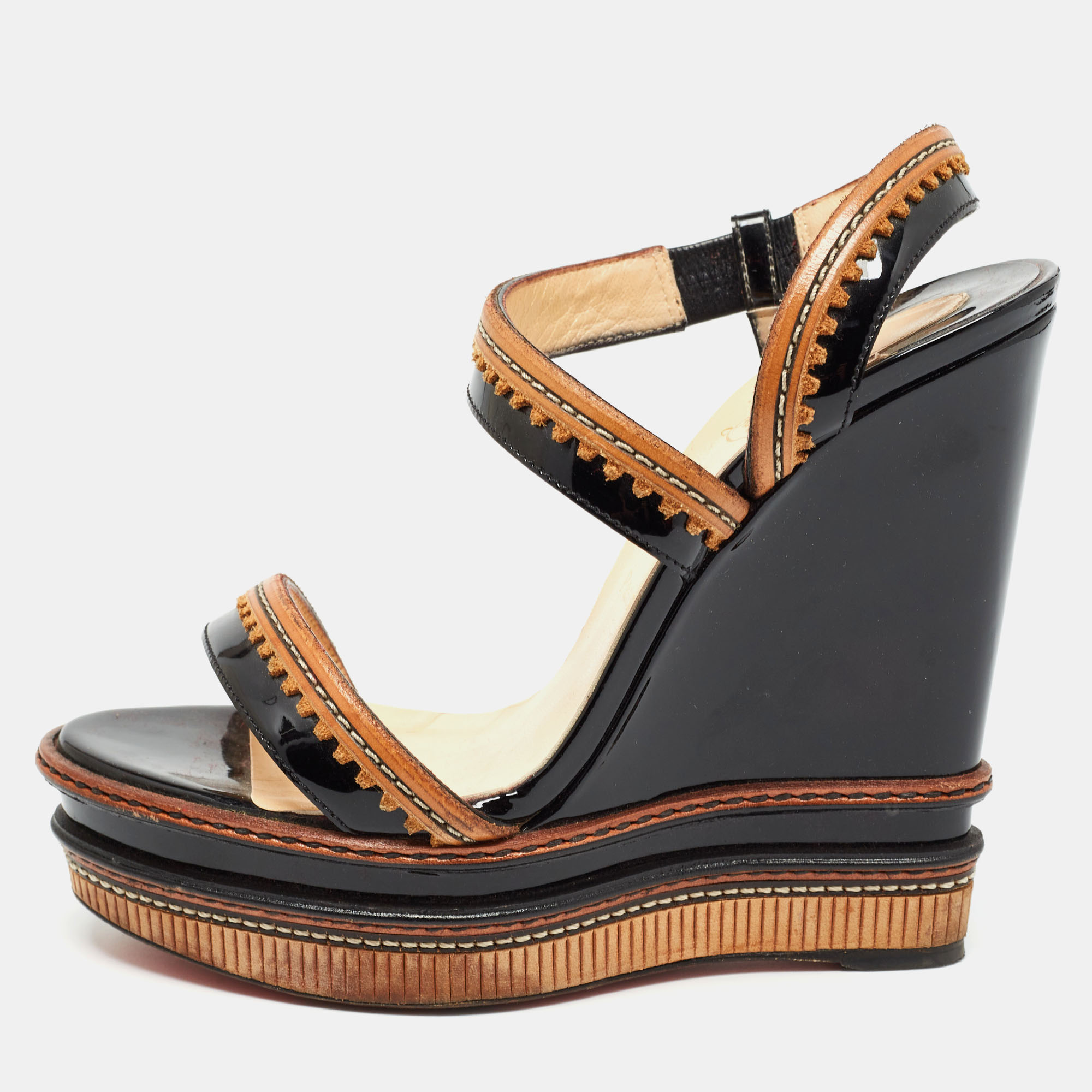 Christian louboutin black/brown patent and leather trepi wedge sandals size 40