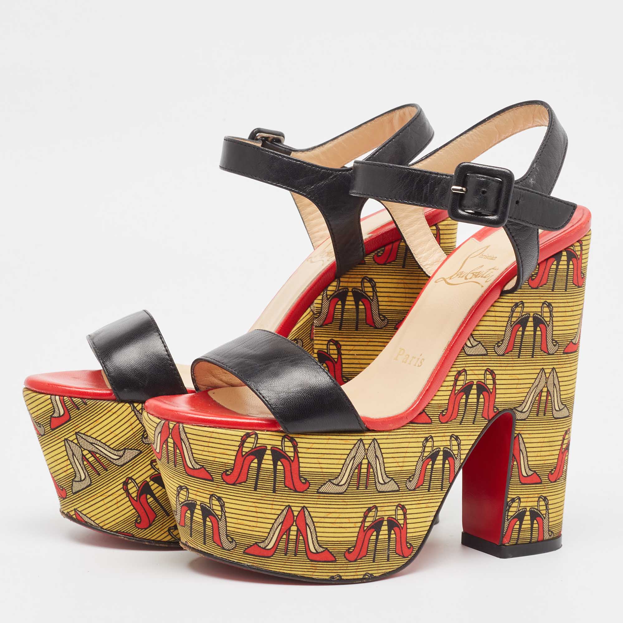 Christian Louboutin Black Leather Printed Platform Block Heel Ankle Strap Sandals Size 35