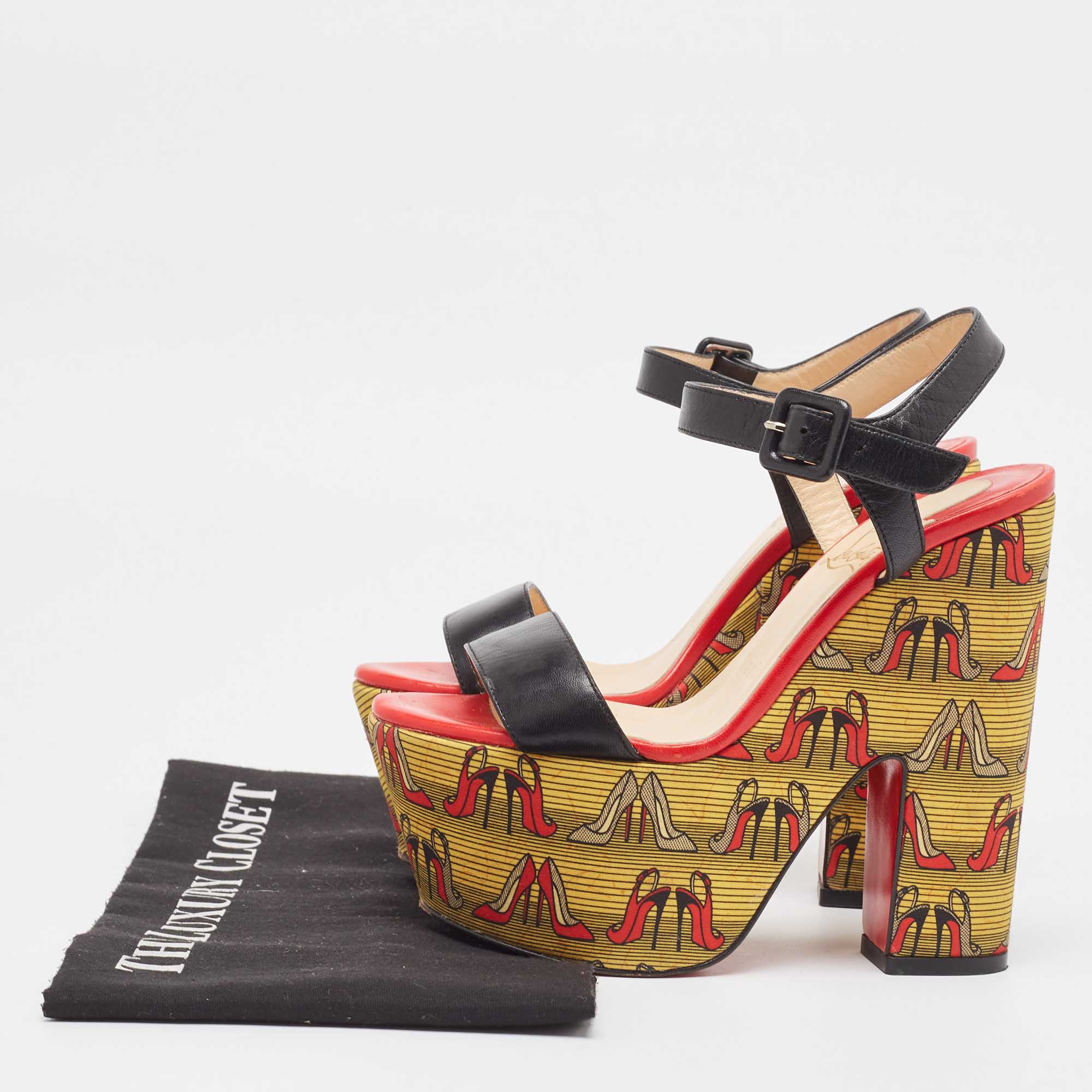 Christian Louboutin Black Leather Printed Platform Block Heel Ankle Strap Sandals Size 35