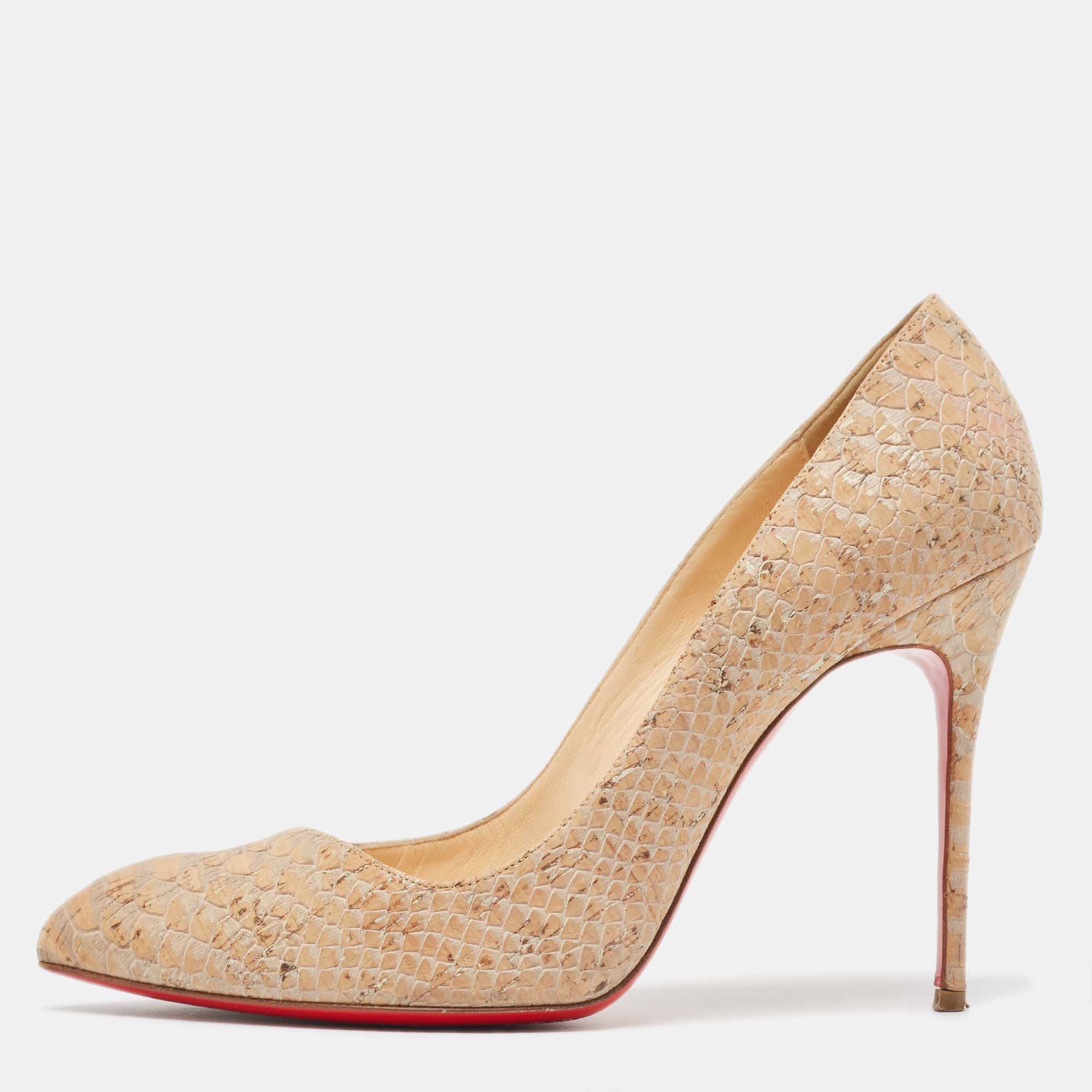 Christian louboutin beige python embossed cork pointed toe pumps size 39