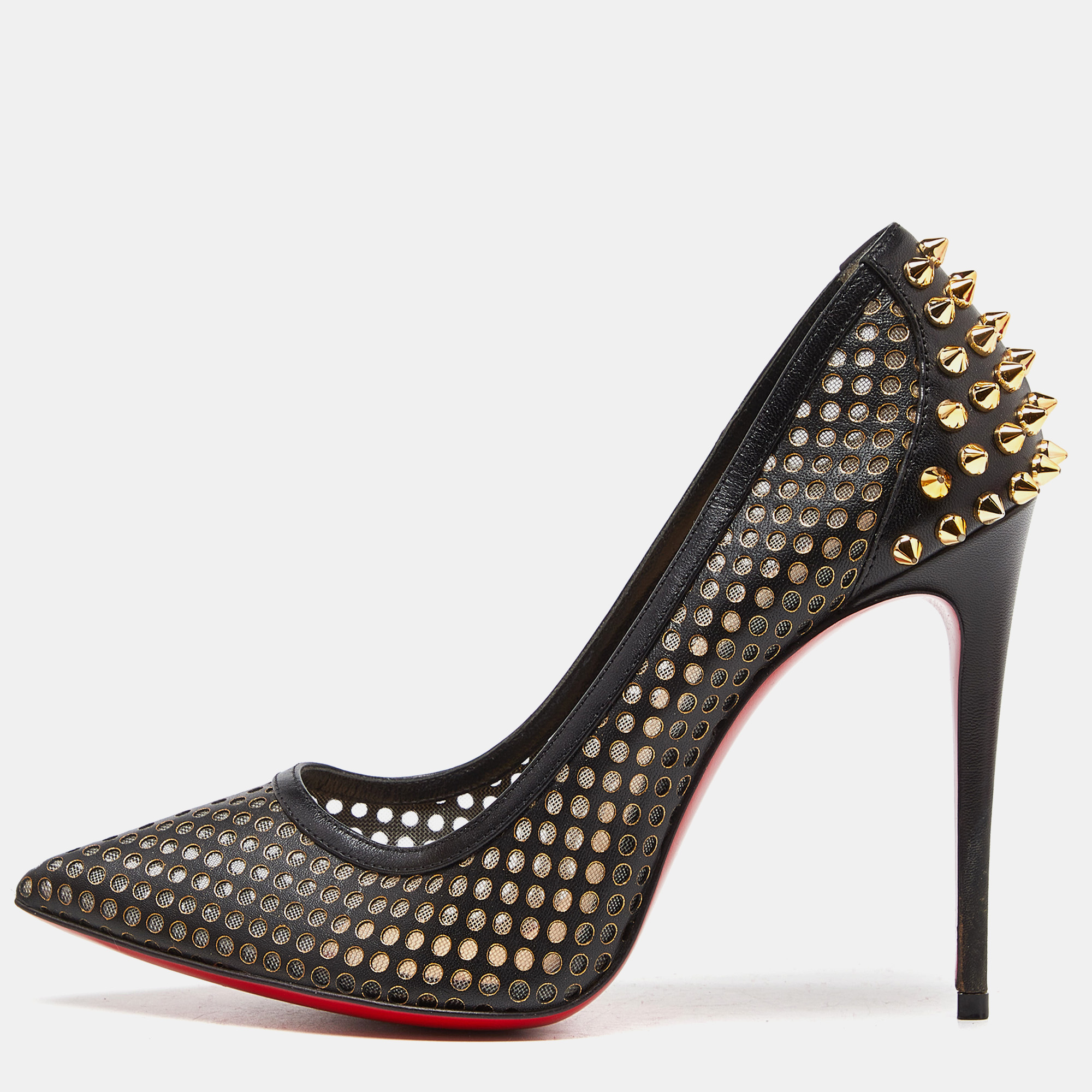 Christian louboutin black perforated leather spiked guni pumps size 37