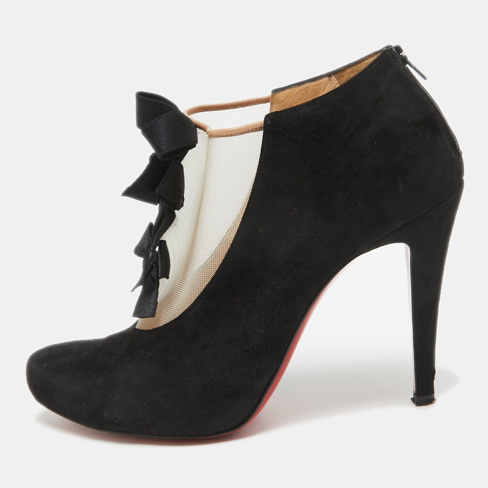 Christian louboutin black suede and mesh triple bow booties size 38.5