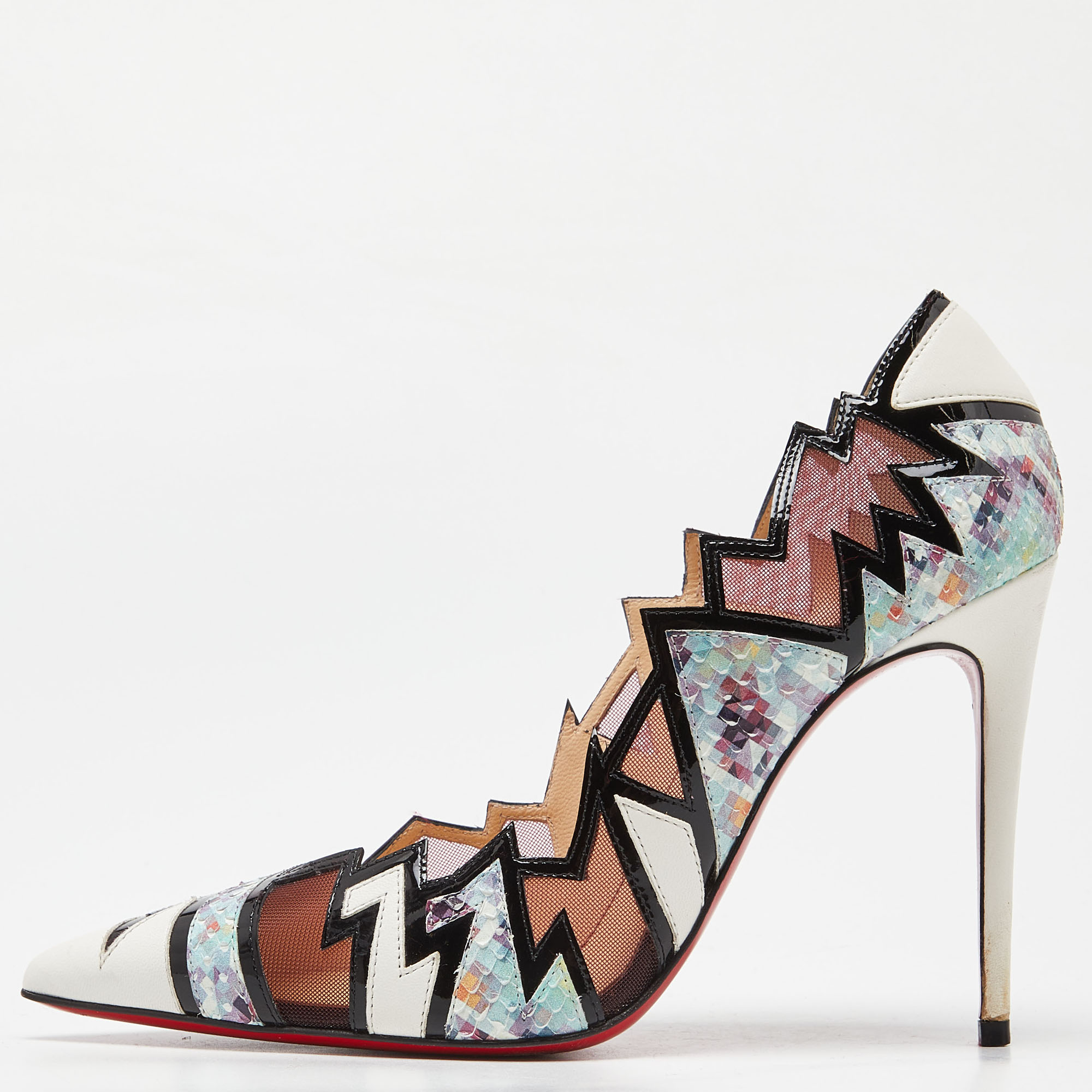 Christian louboutin multicolor python and mesh explorete pigalle zig zag trim pointed toe pumps size 36.5