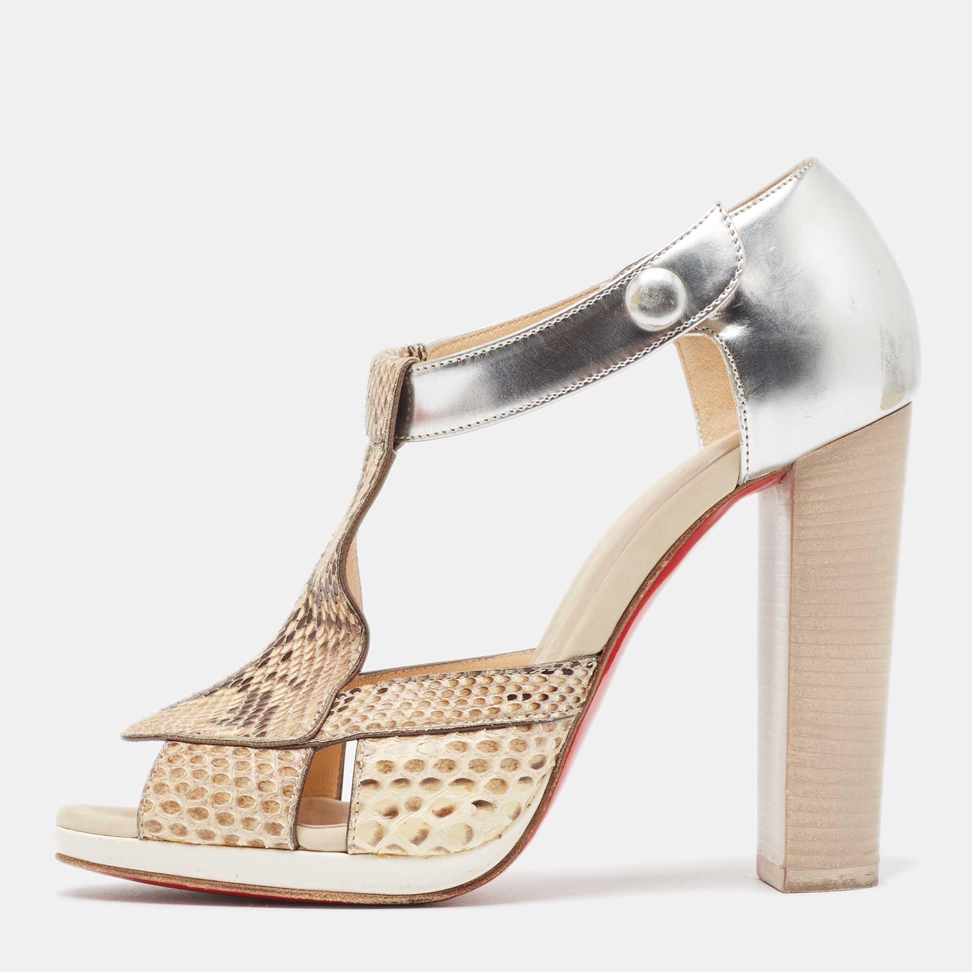 Christian louboutin sliver/beige python leather and foil leather ankle strap sandals size 36