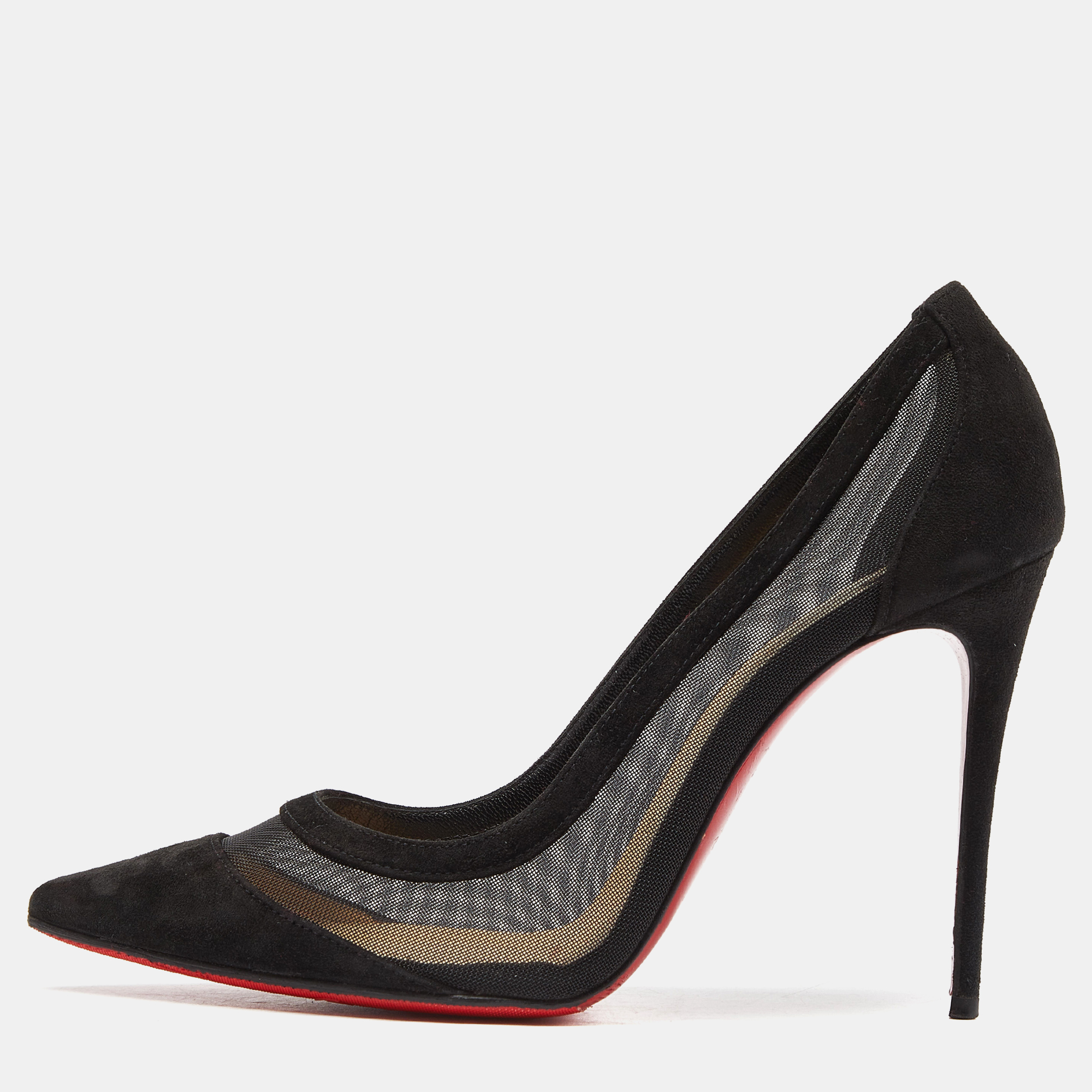 Christian louboutin black suede and mesh galativi strass pumps size 37.5