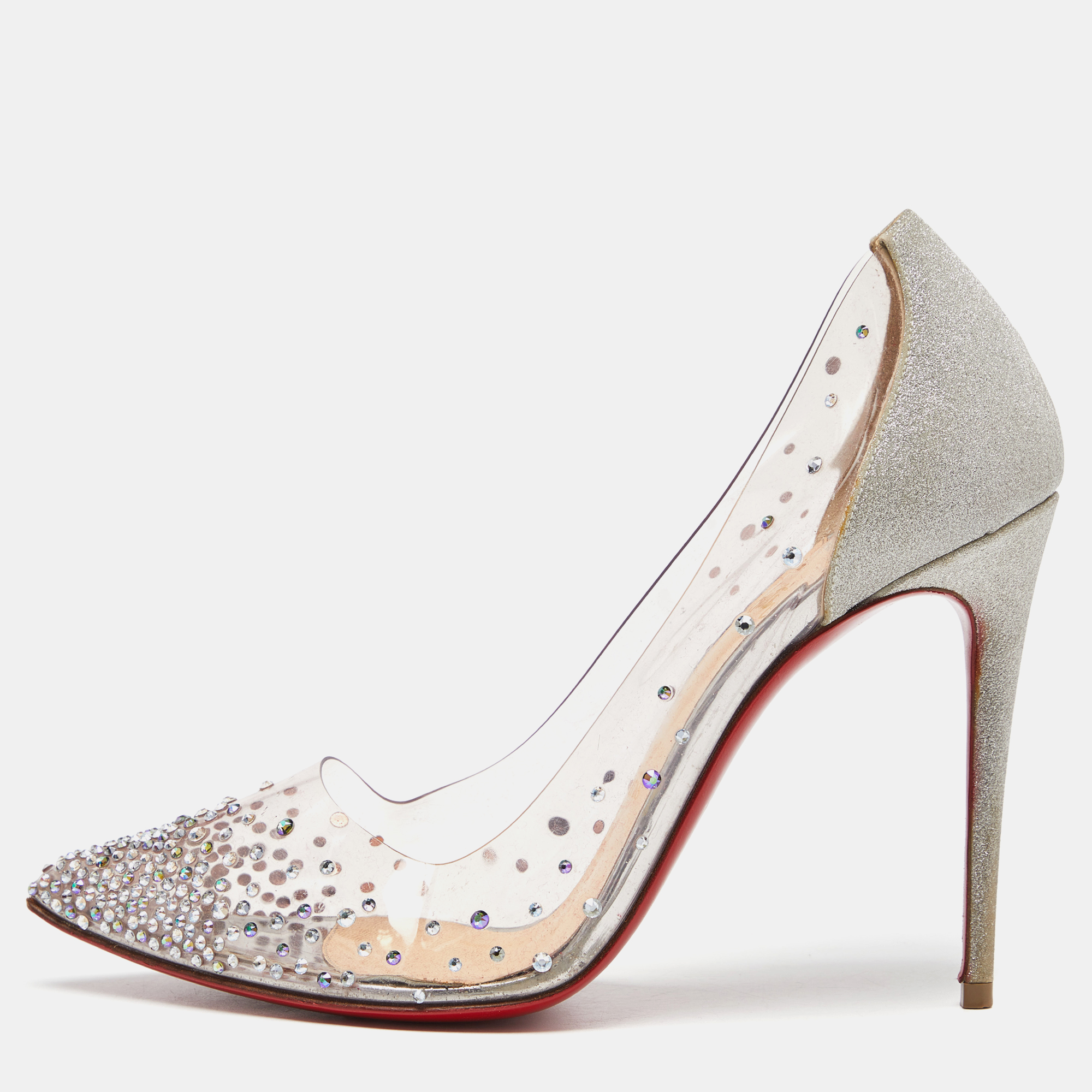 Christian louboutin silver glitter and pvc degrastrass embellished pumps size 38